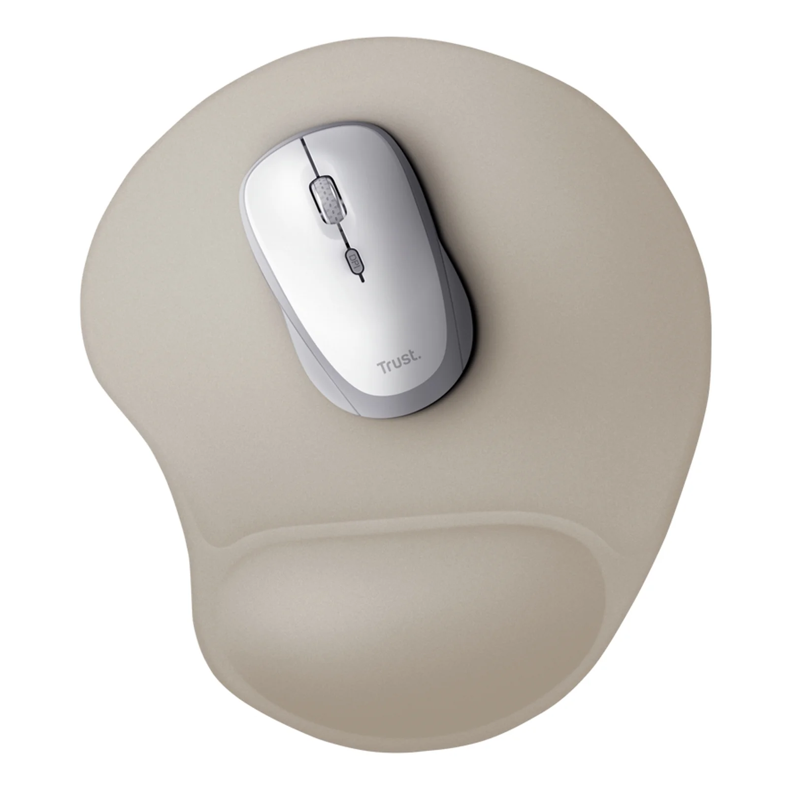 Tapis de souris beige Trust Bigfoot 26012 avec souris blanche posée sur la surface