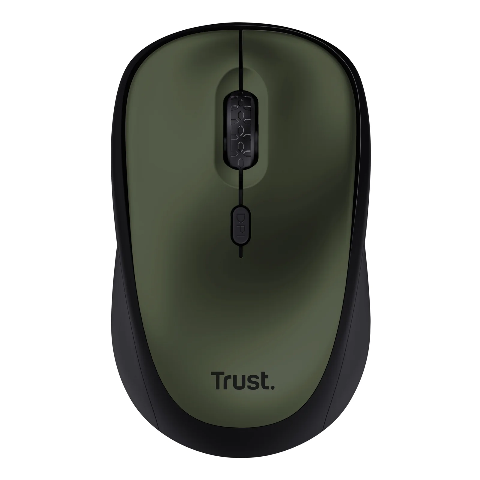 Souris Trust YVI+ vert olive, vue trois quarts avant avec logo Trust visible