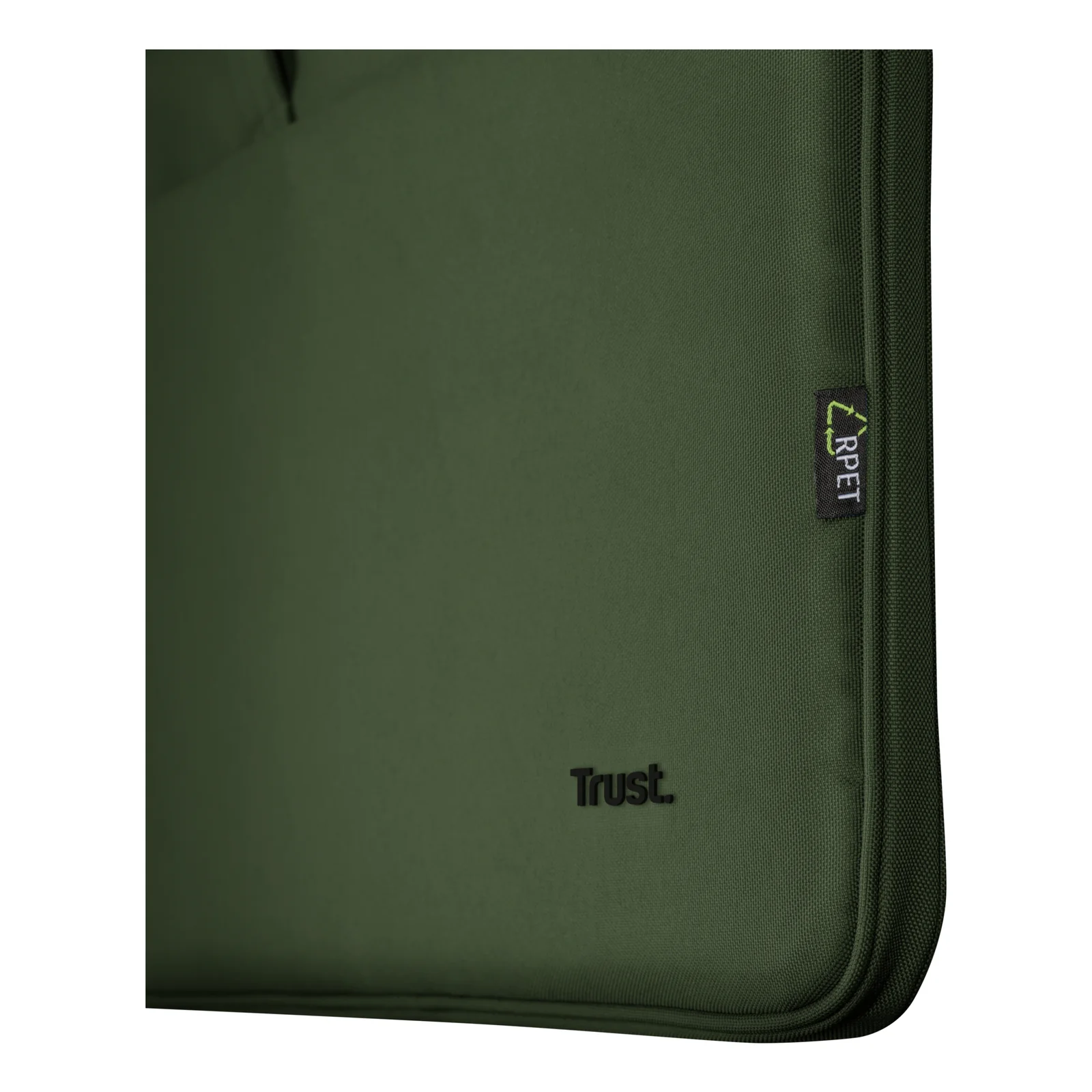 Mallette Trust Bologna vue de côté, tissu vert avec fermeture éclair et badge Trust