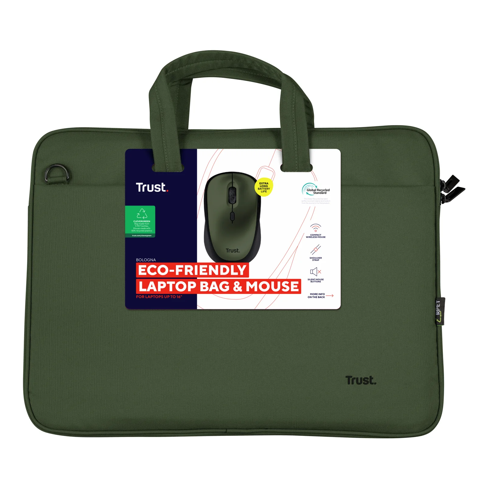 Emballage du kit Trust Bologna et YVI+, mention Eco-Friendly Laptop Bag and Mouse