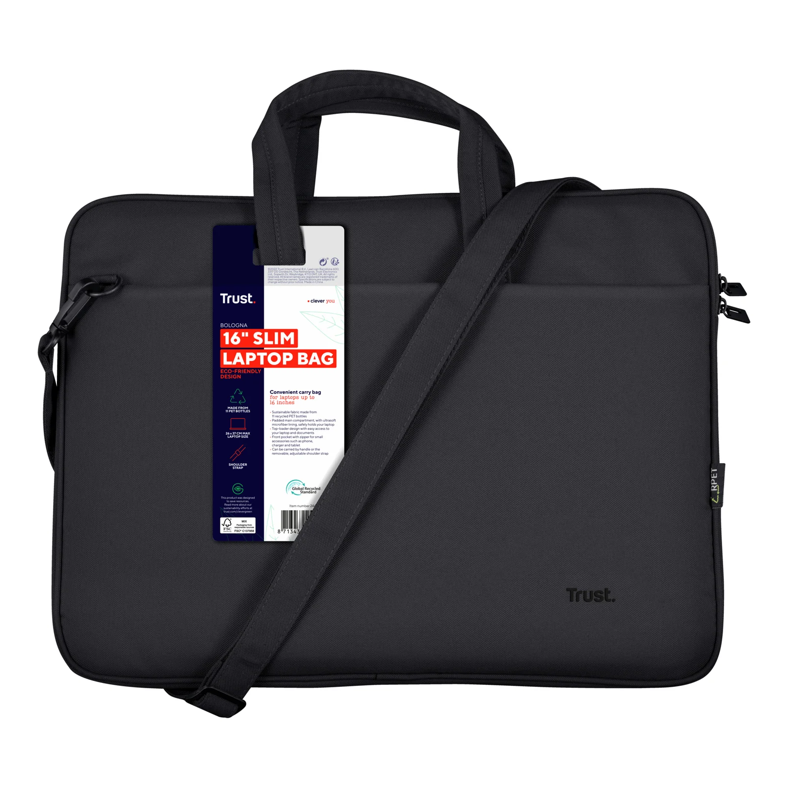 Sacoche Trust Bologna noire avec son emballage d'origine, vue packaging complète
