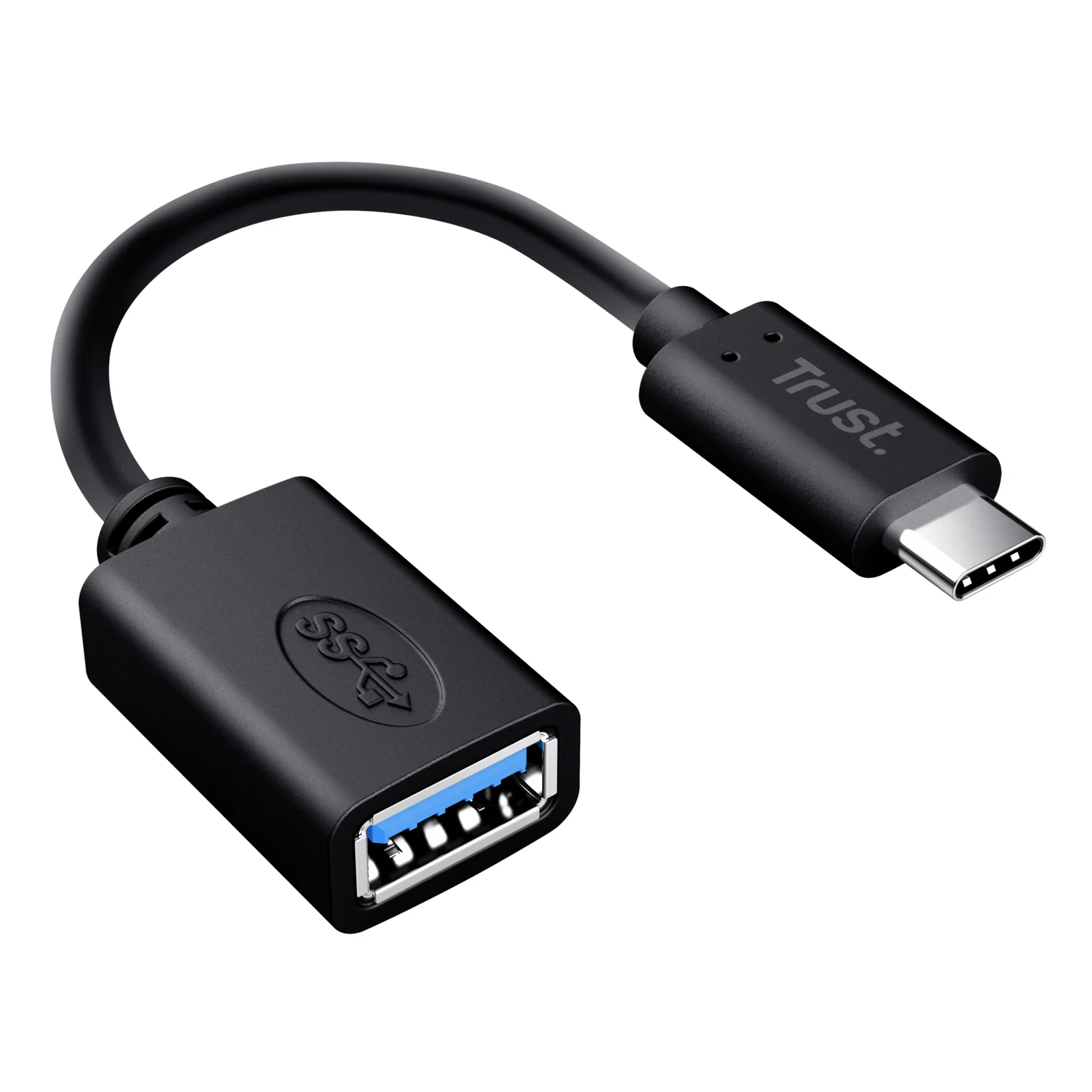 Trust 20967, vue plongeante, câble USB-C vers USB-A noir, logo Trust visible, fond blanc