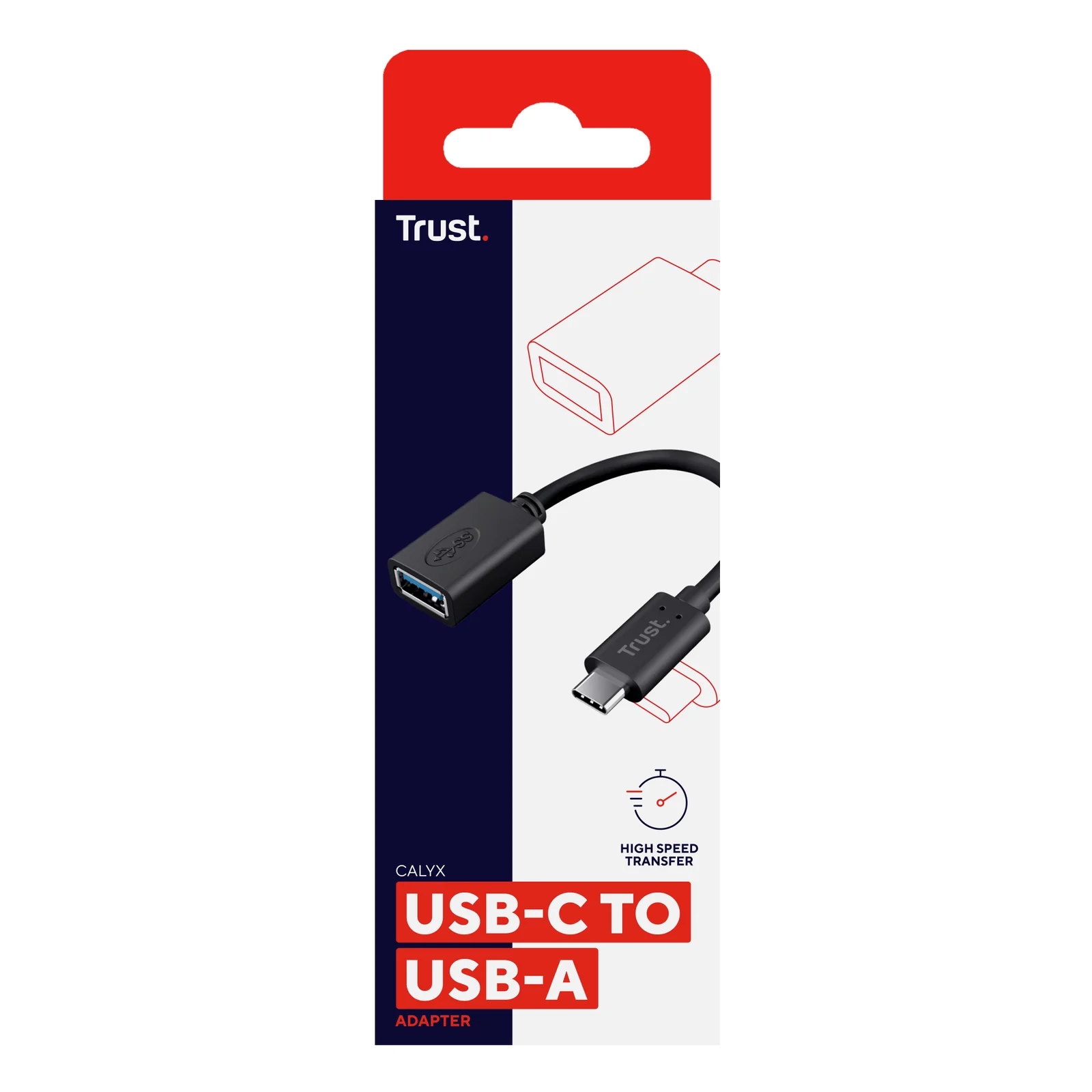Boîte noire Trust, inscription USB-C TO USB-A, vue de trois quarts