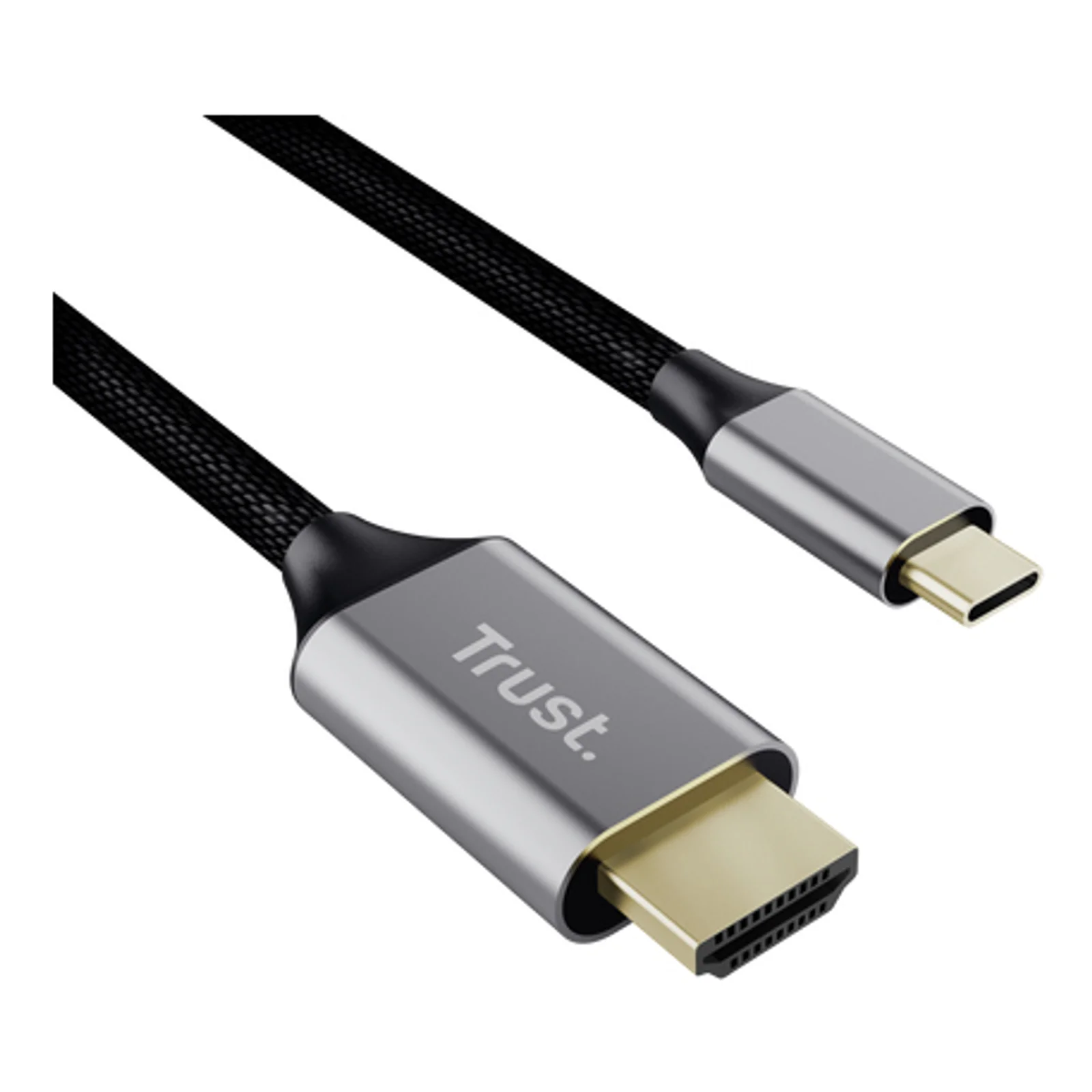 Trust 25630, câble USB-C vers HDMI 2 m, vue d'ensemble, logo Trust, gaine tressée noire, connecteurs aluminium