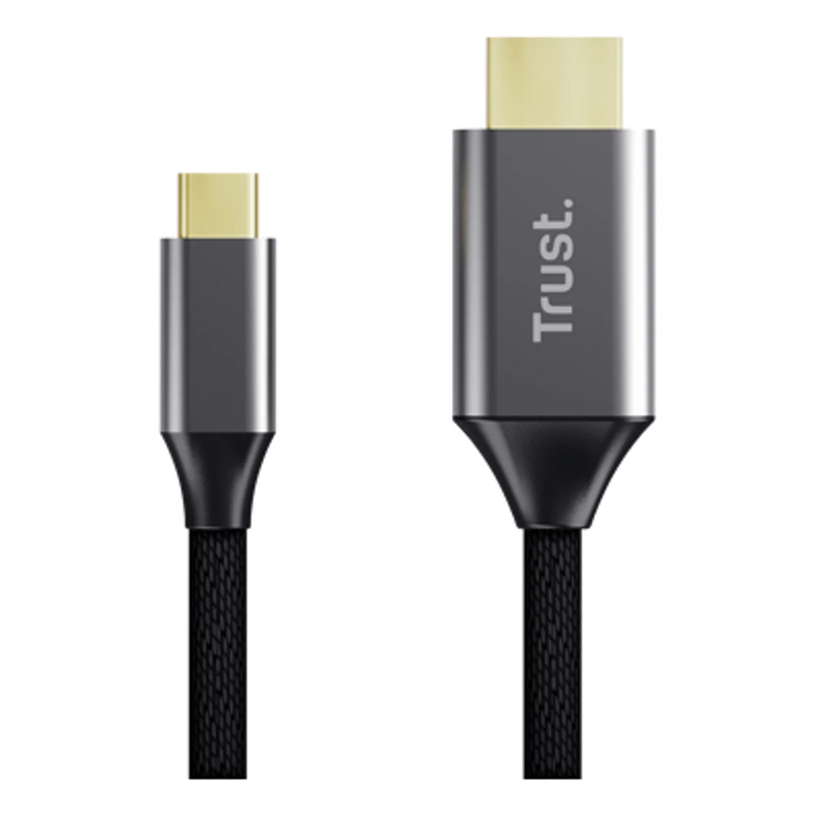 Trust 25630, vue rapprochée du connecteur HDMI, boîtier aluminium argenté, logo Trust, gaine tressée noire