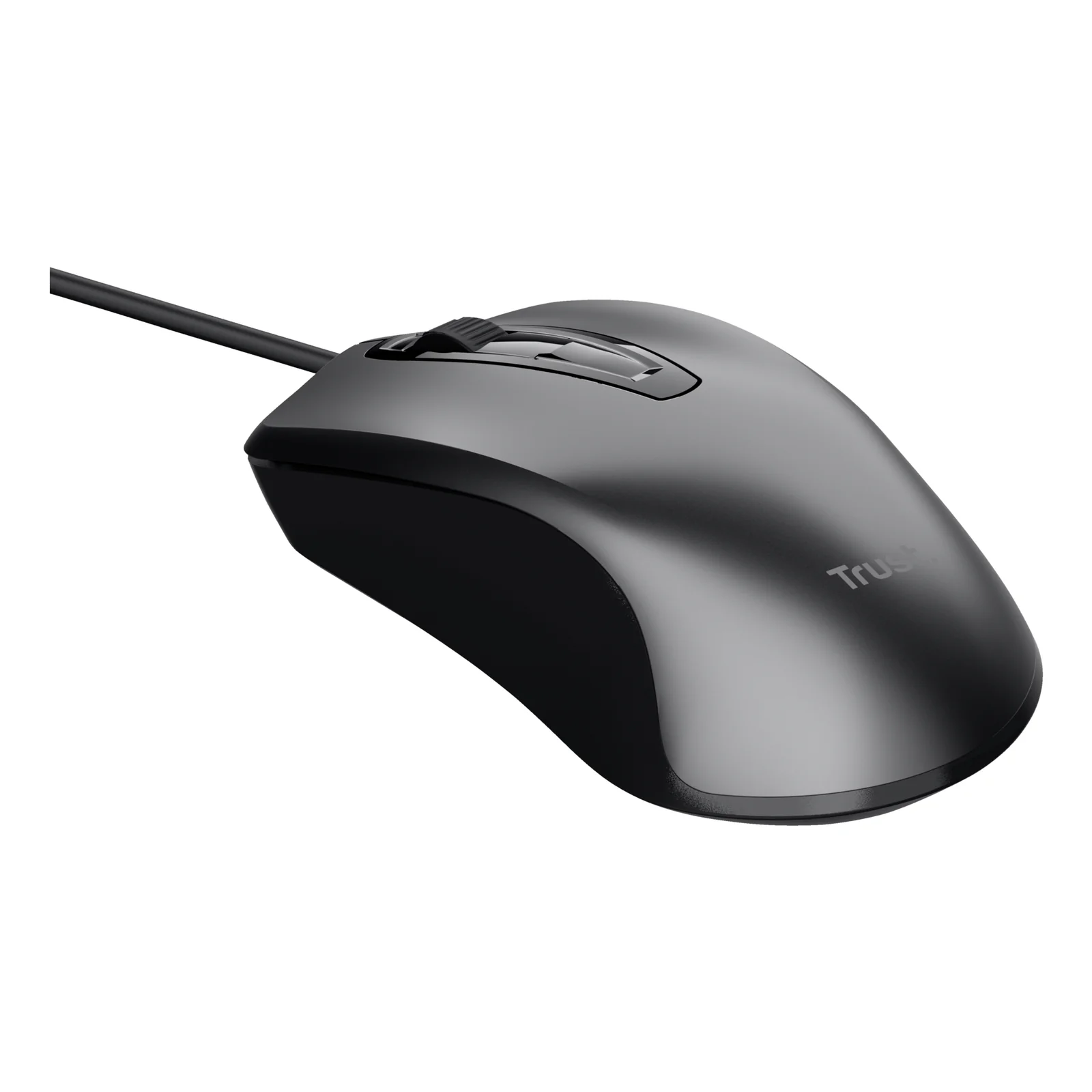 Souris filaire Trust Carve gris anthracite, vue trois quarts gauche, molette centrale visible
