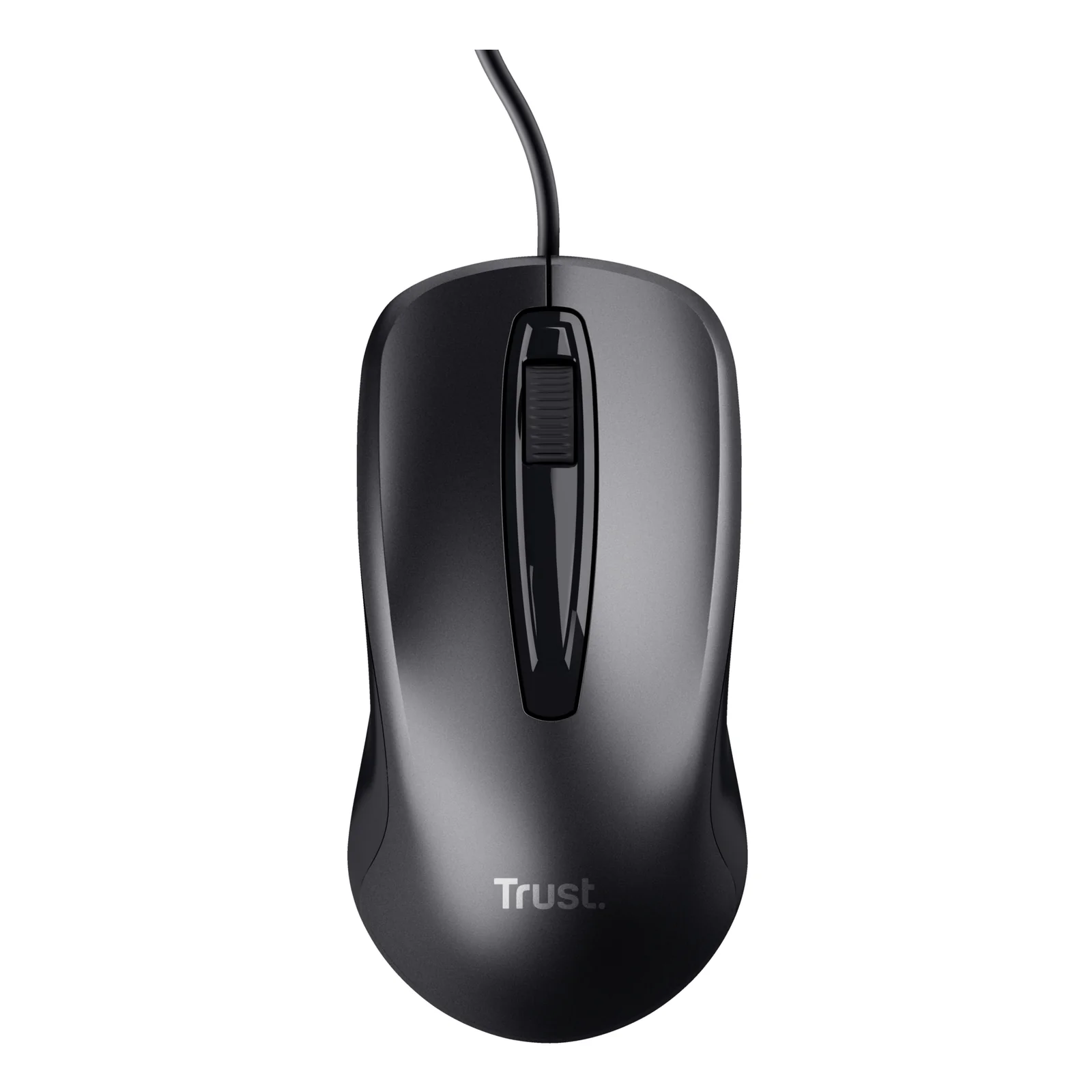 Souris filaire Trust Carve noire, vue du dessus, logo Trust sur le flanc droit