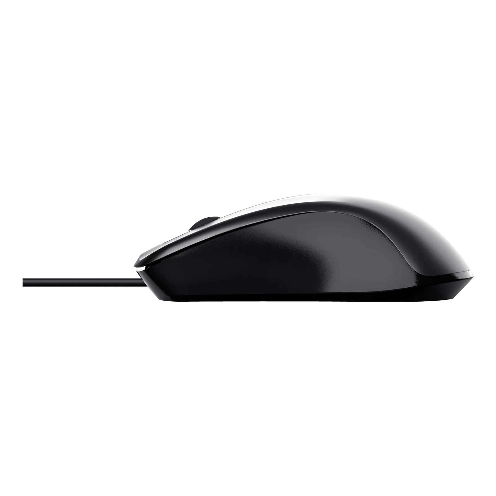 Souris filaire Trust Carve noire, vue de profil, câble sorti vers l'avant