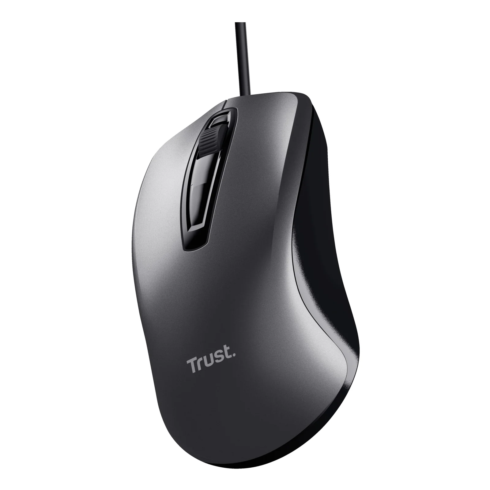 Souris filaire Trust Carve gris foncé, vue trois quarts droite, logo Trust visible