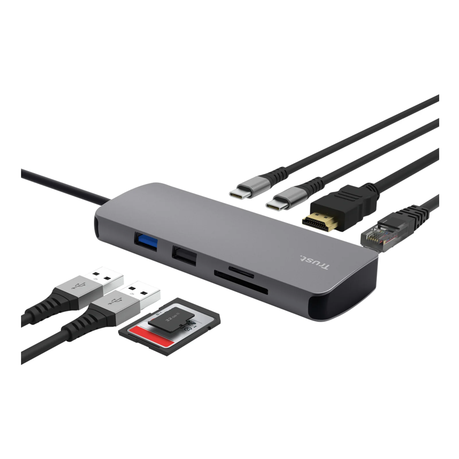 Trust Dalyx 25672 gris, vue de dessus avec câbles USB-A, HDMI et USB-C connectés