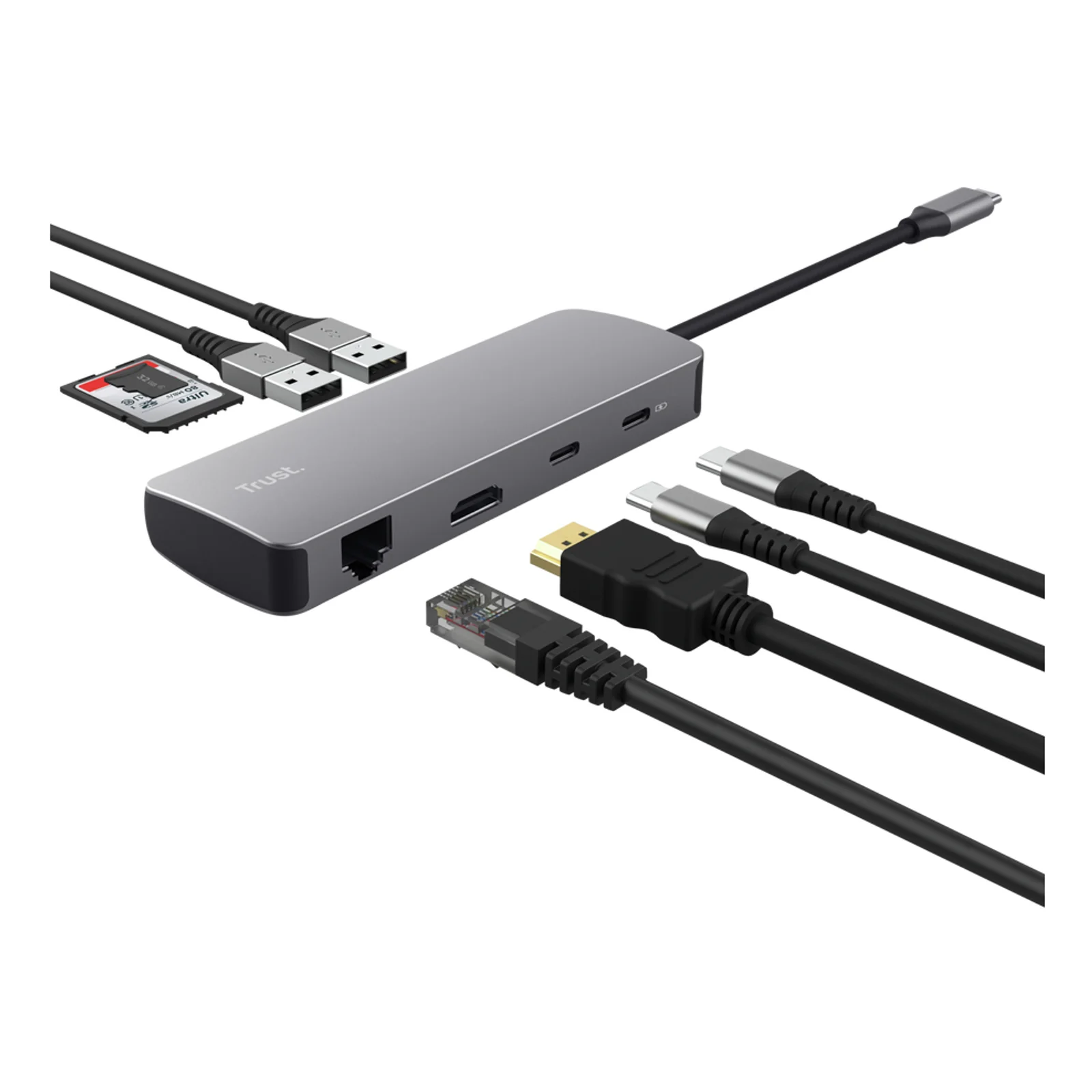 Trust Dalyx 25672 gris vue trois quarts, câbles HDMI, Ethernet et USB connectés