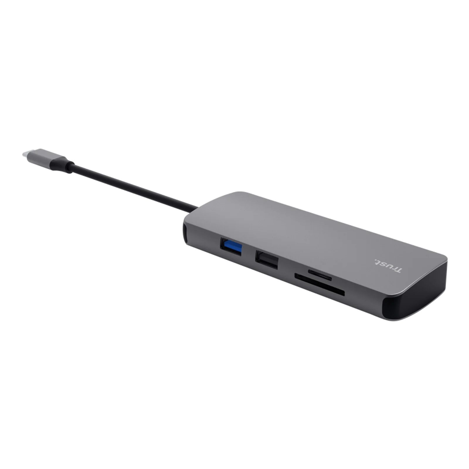 Trust Dalyx 25672 gris, profil, port USB-A et lecteur de cartes SD visibles