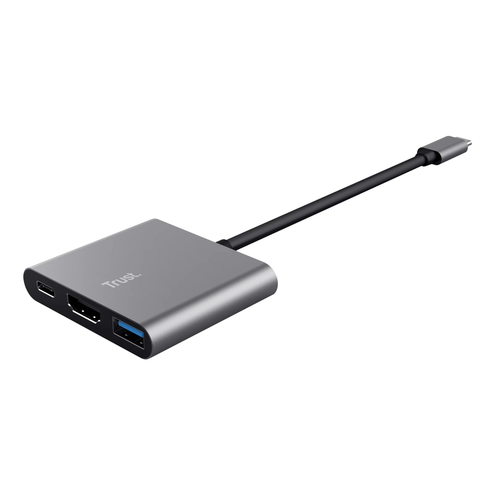 Trust Dalyx, vue de face légèrement inclinée, aluminium gris, fond blanc, câble USB-C