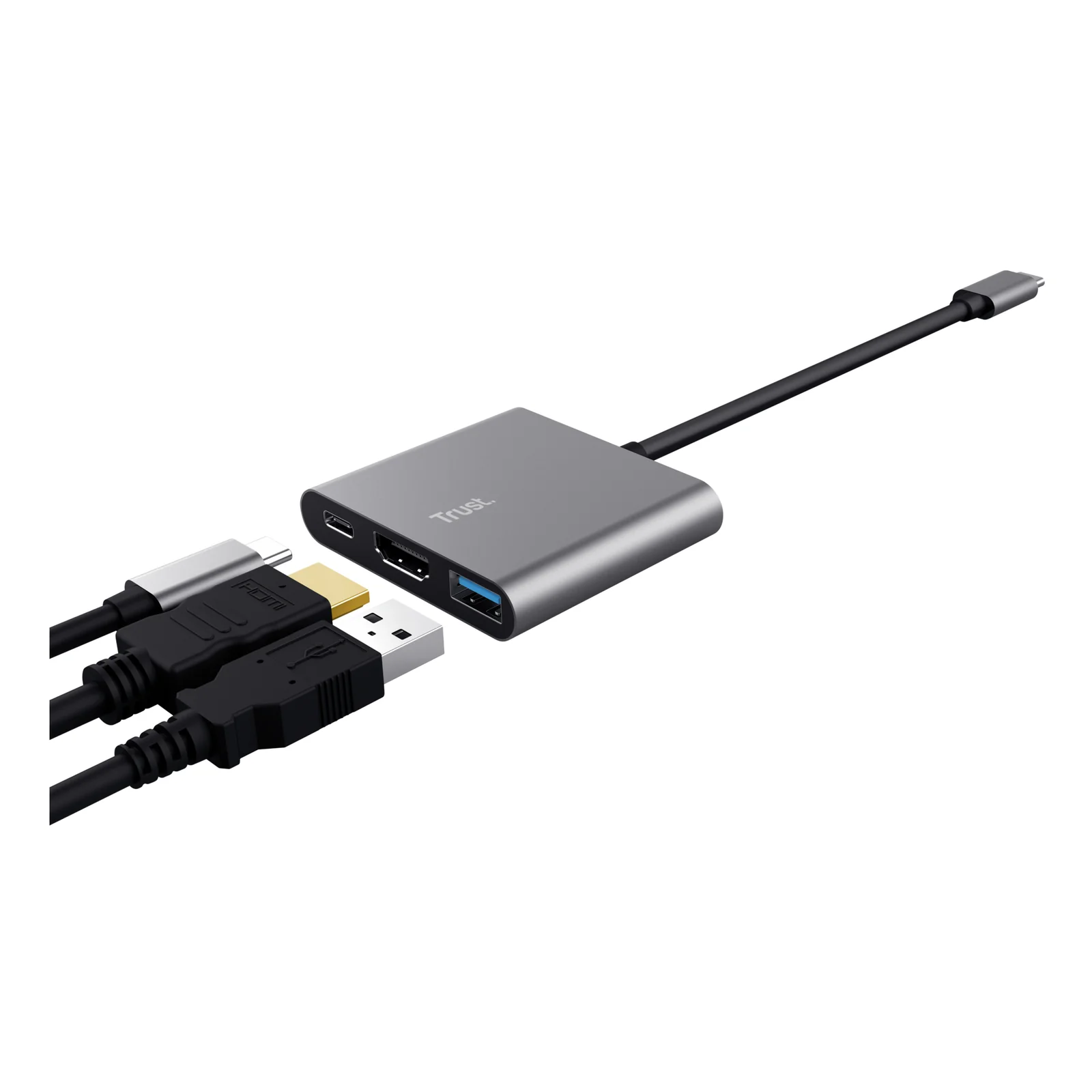 Trust Dalyx avec câbles branchés, port USB-A en utilisation, vue inclinée, fond blanc
