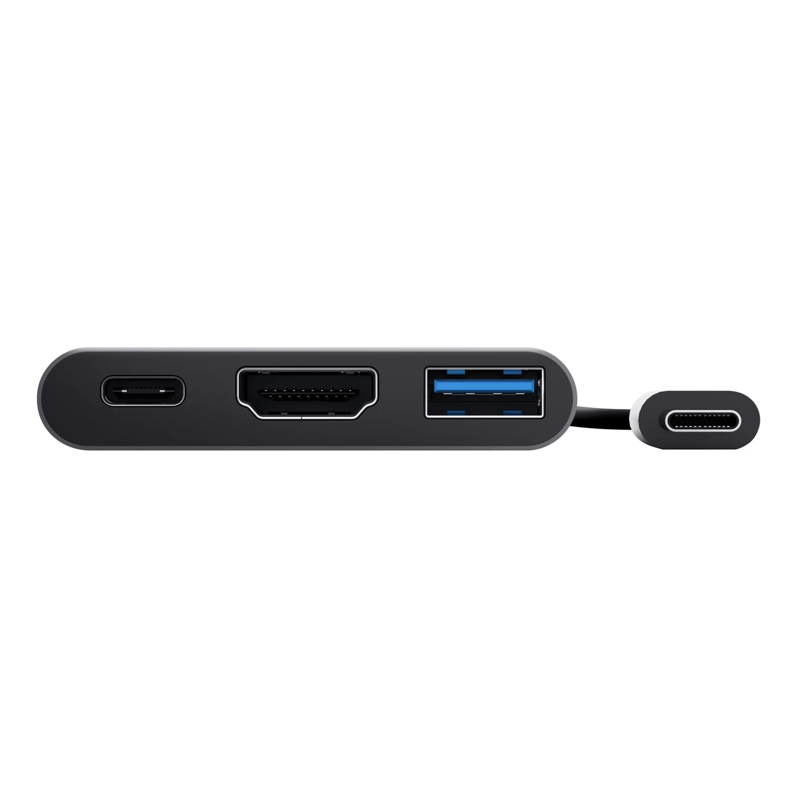 Trust Dalyx, vue frontale du côté ports, rangée USB-C, HDMI et USB-A, fond noir