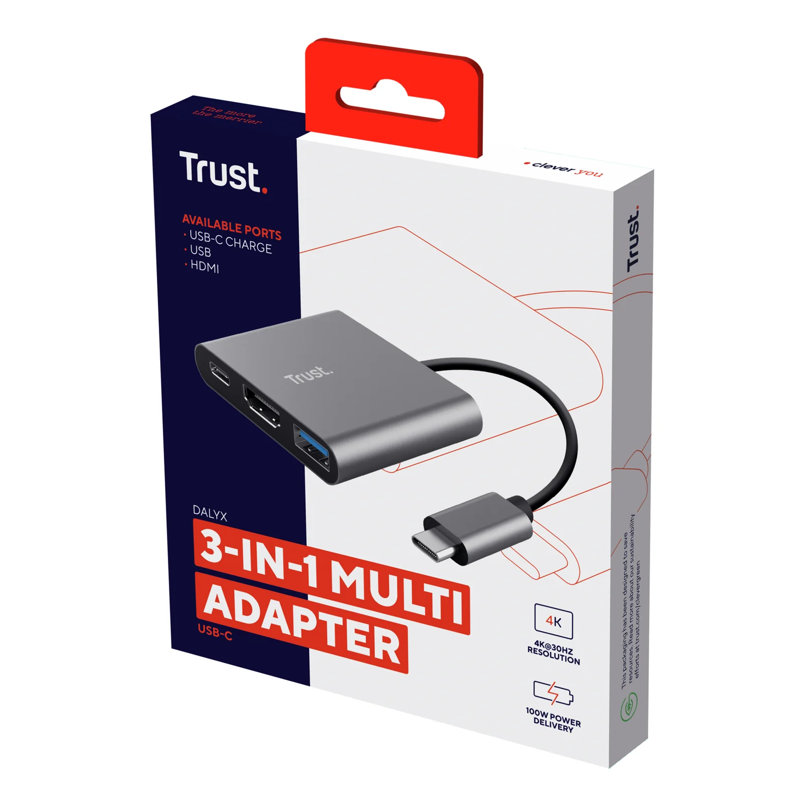 Emballage Trust Dalyx 3-in-1 Multi Adapter, boîte carton fond sombre, pictogrammes ports