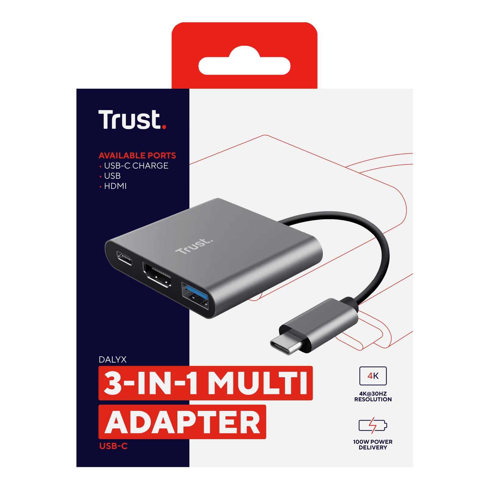 Trust Dalyx posé devant sa boîte, pictogrammes des 3 ports USB-C, HDMI et USB-A sur le packaging