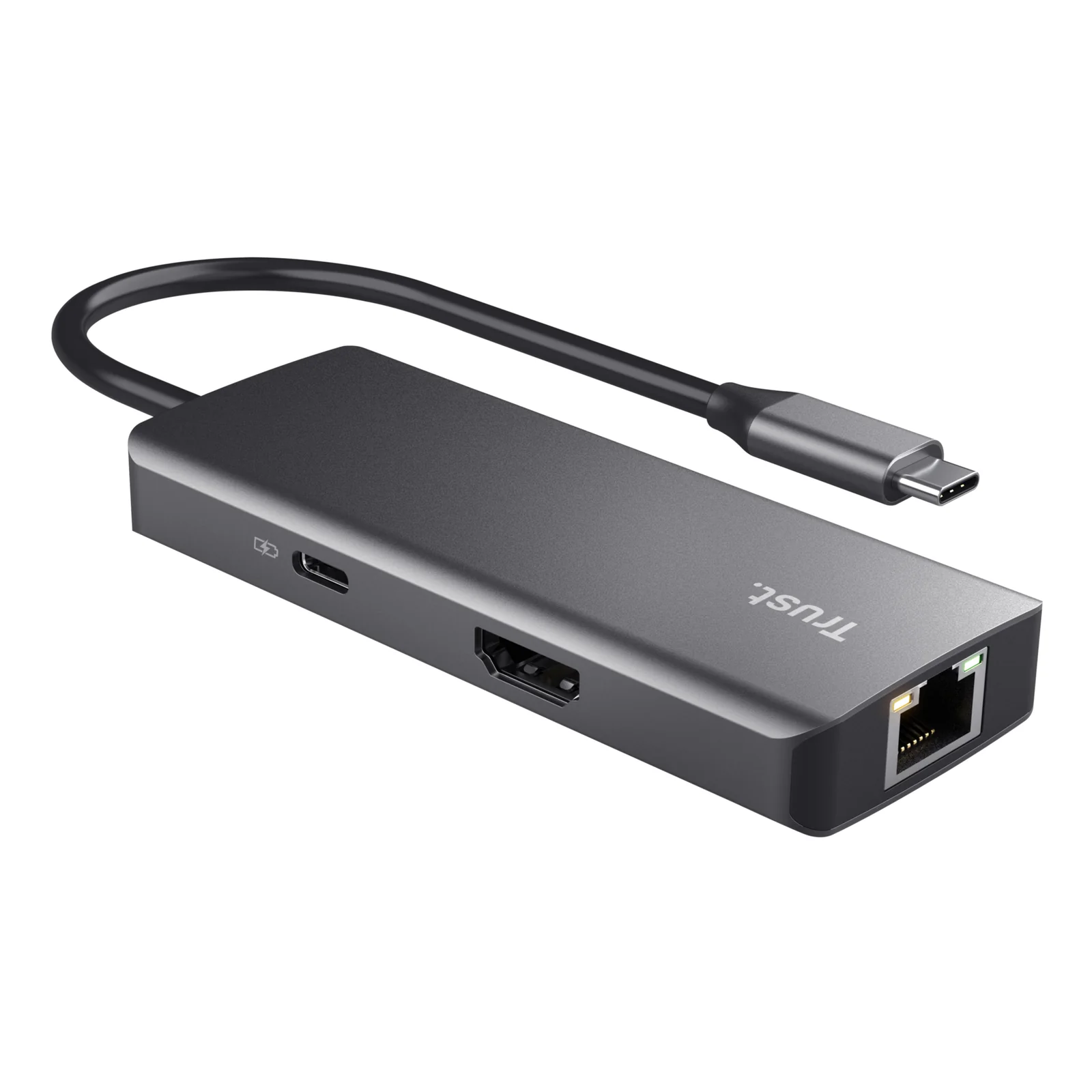 Hub Trust Dalyx 24968, vue latérale, ports HDMI, USB-C et RJ-45 Gigabit visibles