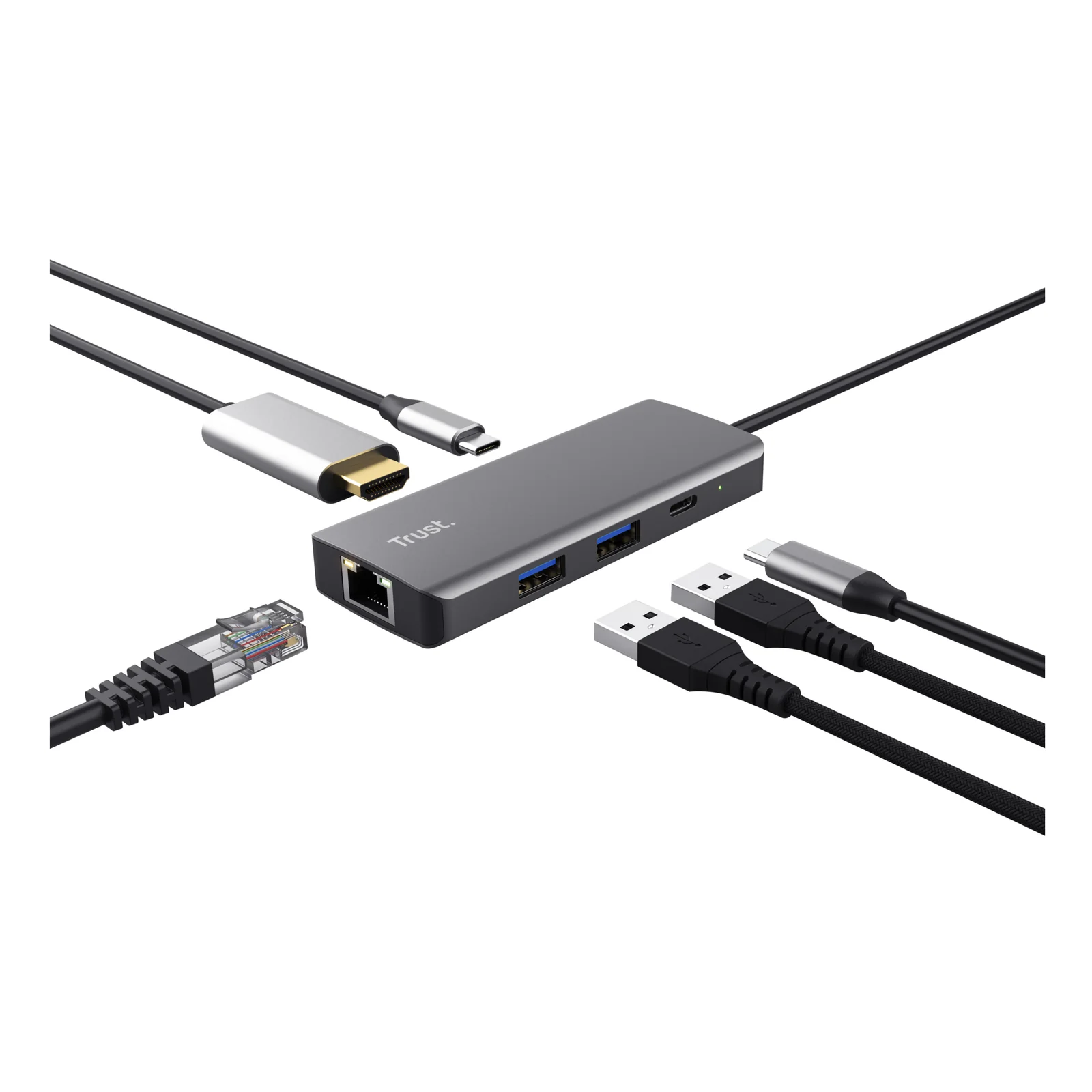 Hub Trust Dalyx 24968 avec câbles Ethernet, HDMI et USB branchés, vue 3/4 plongeante