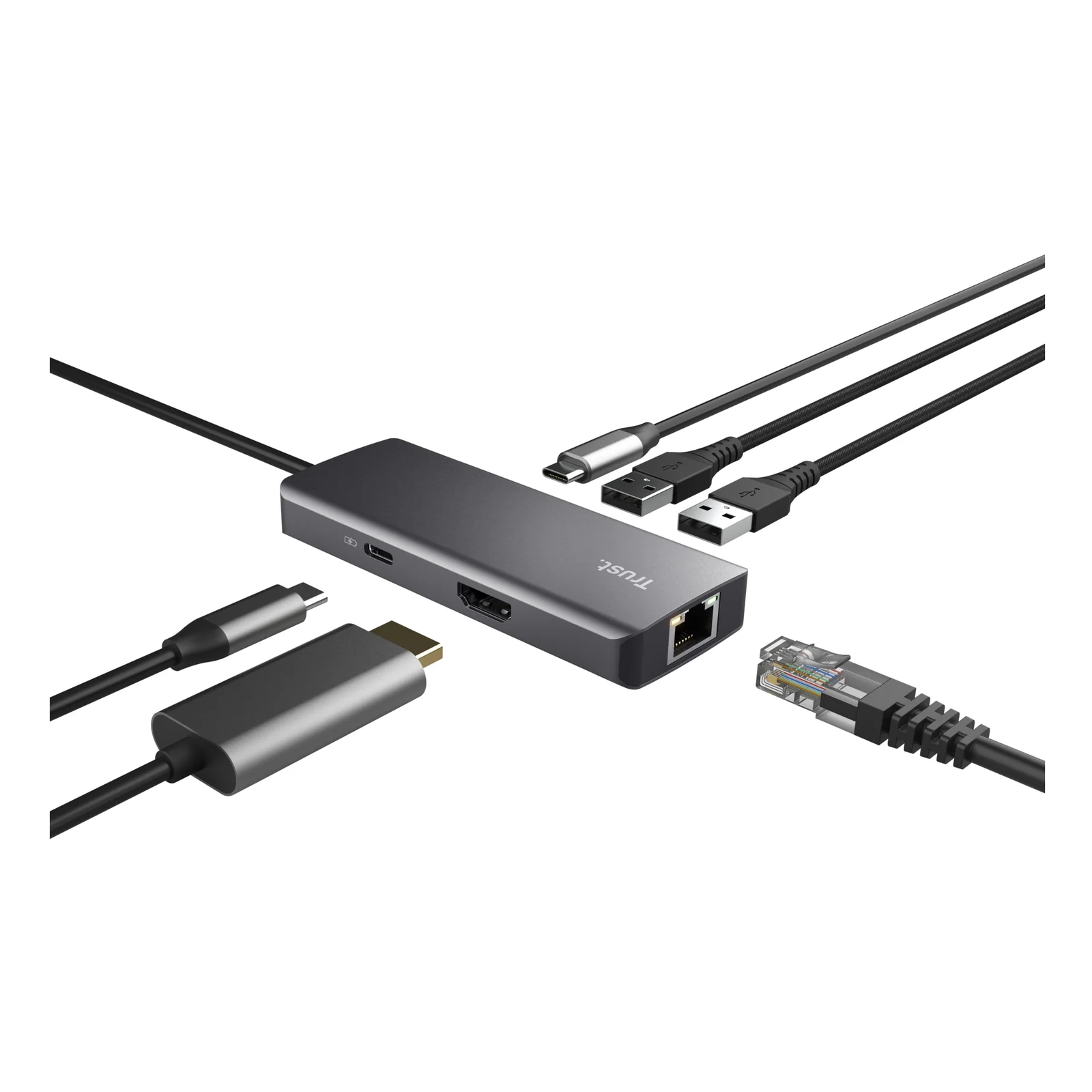 Adaptateur Trust Dalyx 24968 posé avec câbles connectés, vue de face légèrement plongeante