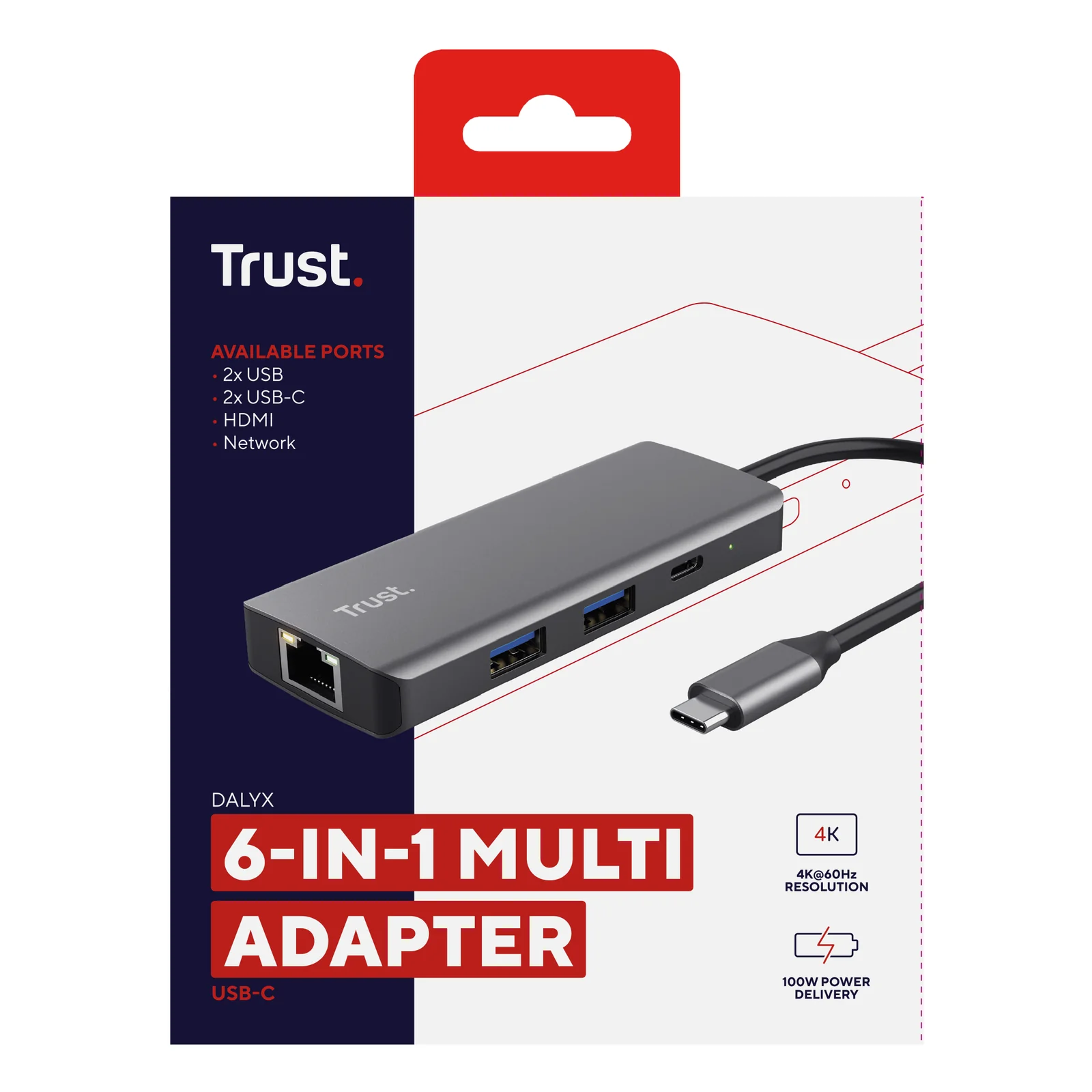 Boîte de vente Trust Dalyx 24968, emballage gris avec label 6-in-1 Multi Adapter