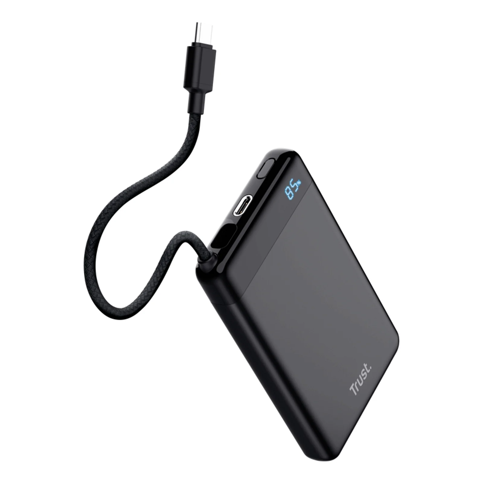Trust Fiera 25880 noire vue légèrement en angle, câble USB-C intégré et écran LED affichant 85