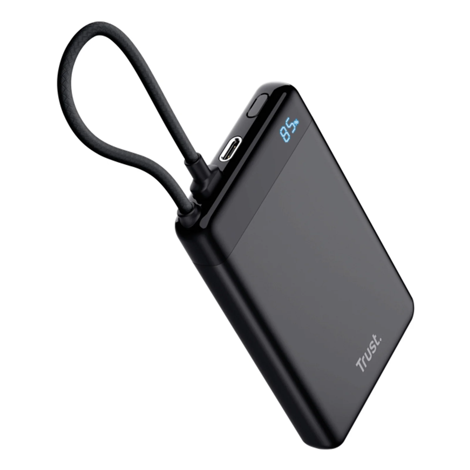Trust Fiera 25880 noire vue de dessus en angle, câble USB-C enroulé et écran LED allumé