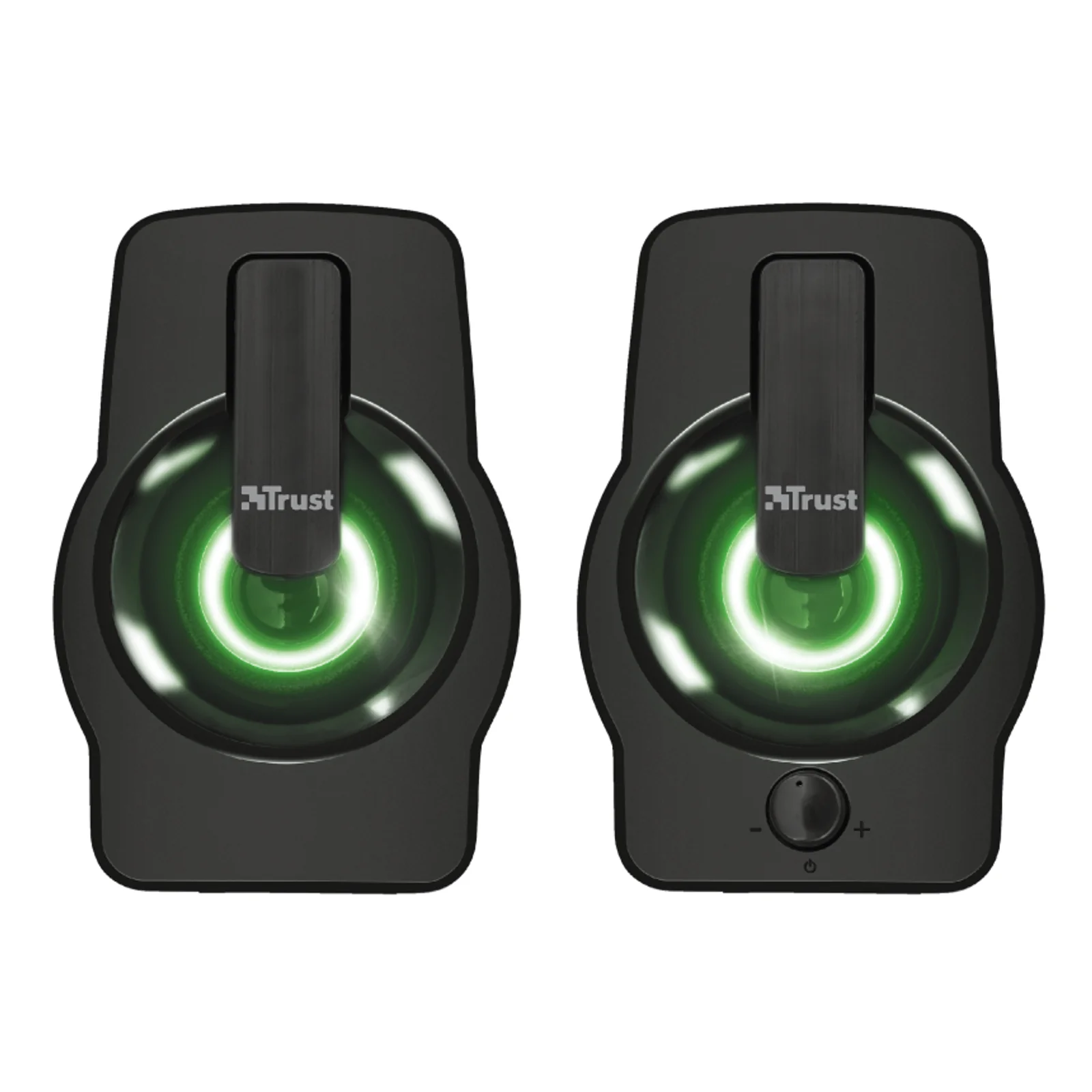 Trust Gemi 22948, enceinte noire vue de face, éclairage RGB vert, bouton volume visible à droite