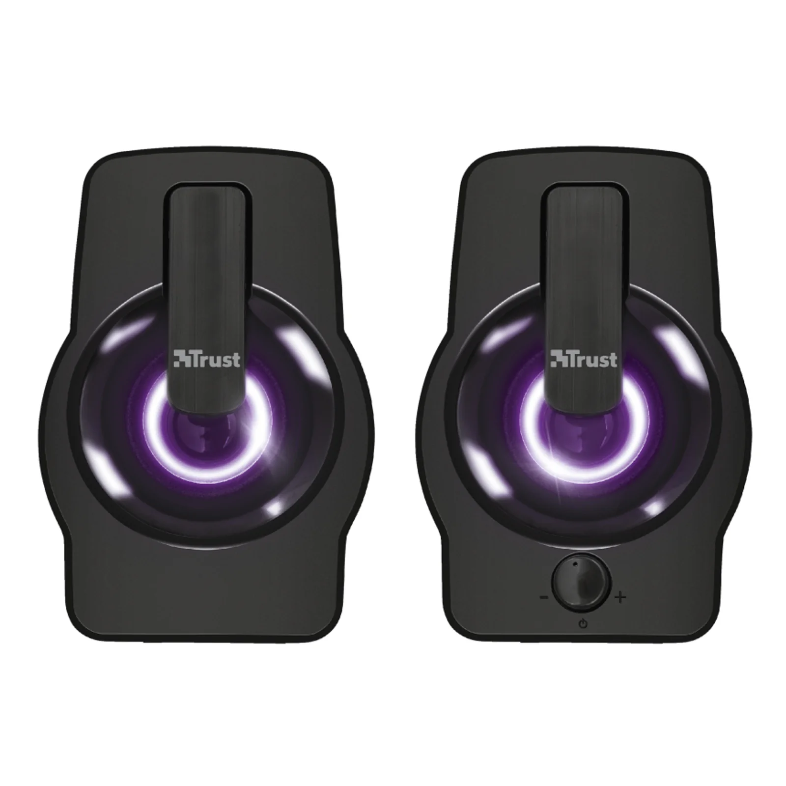 Trust Gemi 22948, enceinte noire vue de face, éclairage RGB violet, haut-parleur 40 mm visible