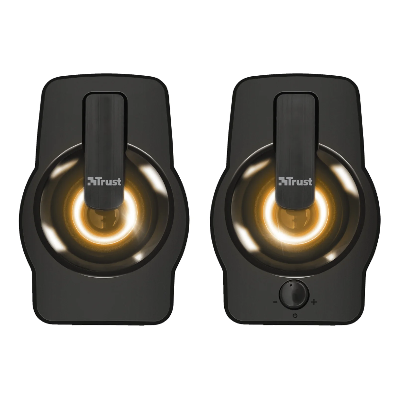 Trust Gemi 22948, enceinte noire vue de face, éclairage RGB jaune-orangé, design compact