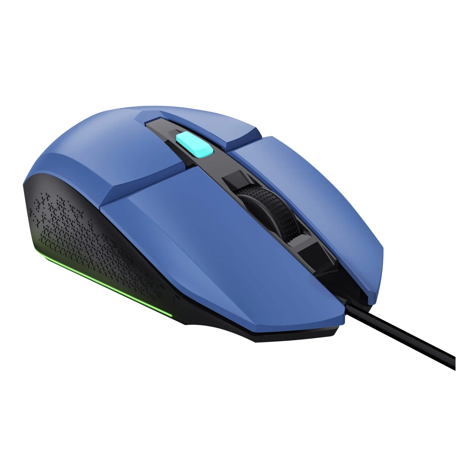 Vue de trois quarts gauche, souris gaming bleue Trust Felox, éclairage RGB vert, câble USB visible