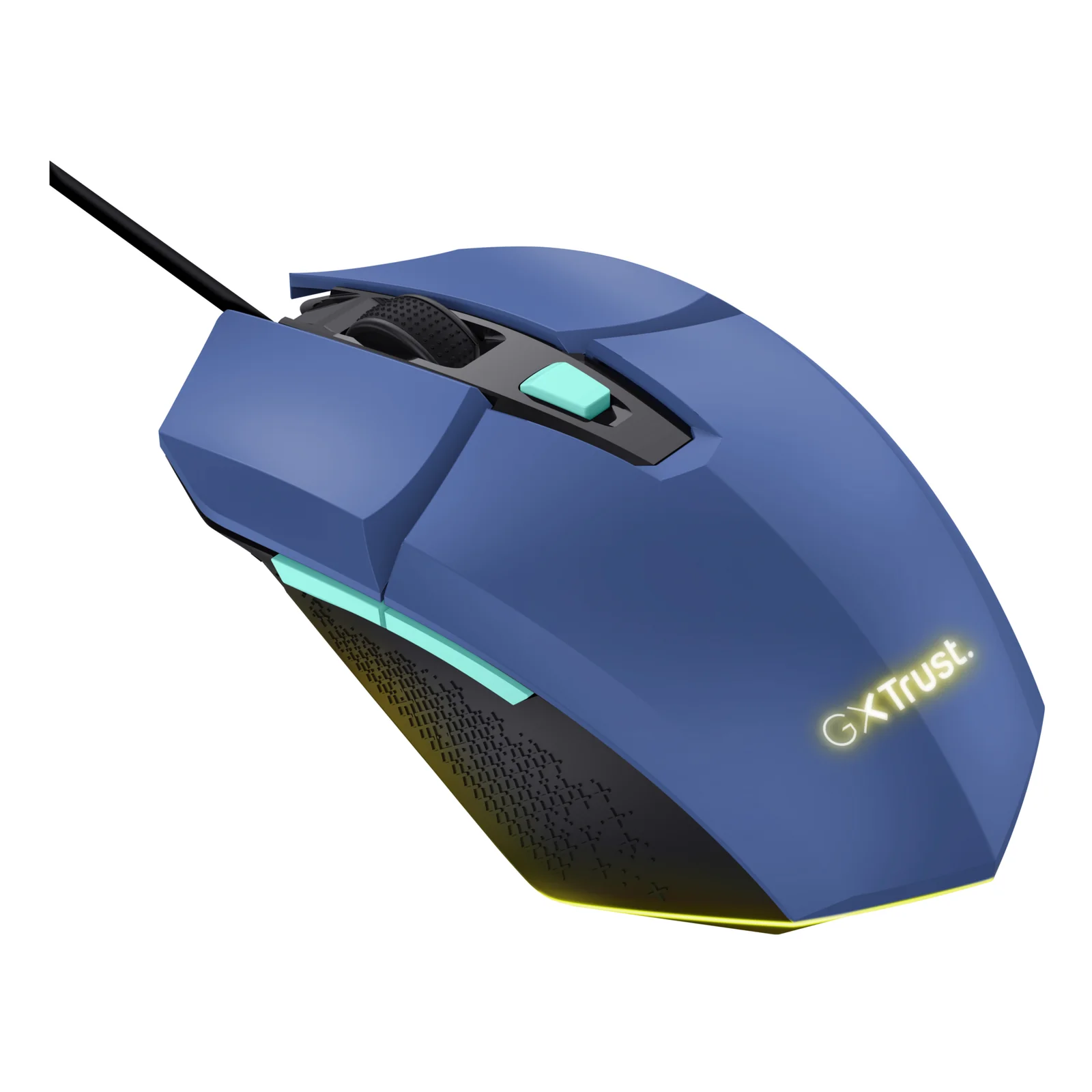 Vue de dessus inclinée, souris gaming bleue Trust GXT 109B Felox, logo GXT, reflets dorés