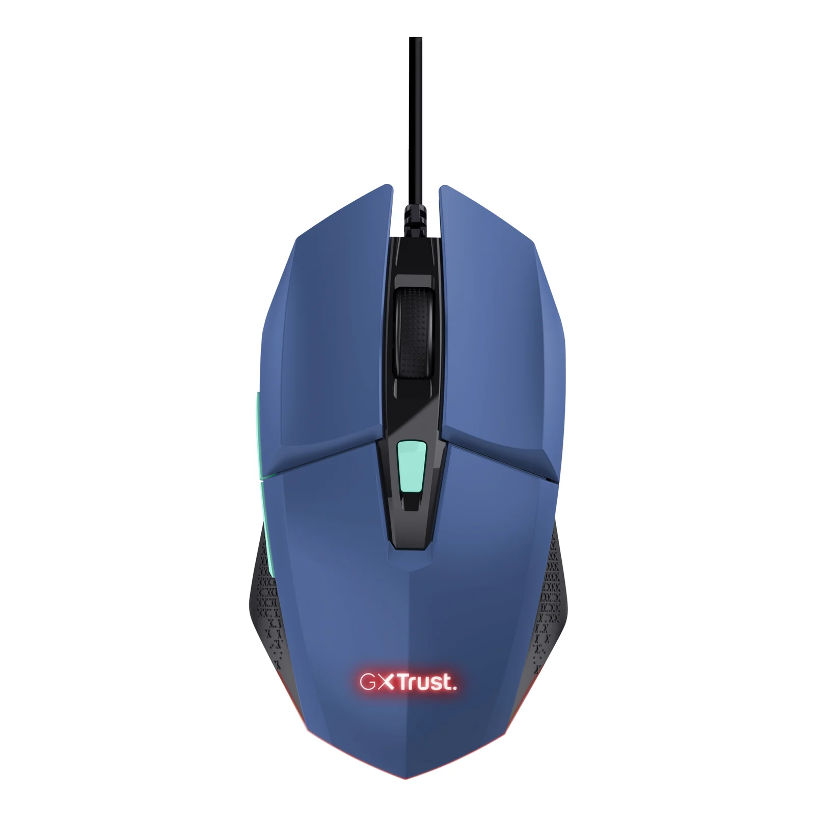 Vue frontale, souris gaming bleue Trust GXT 109B Felox, éclairage rouge à l'arrière du boîtier