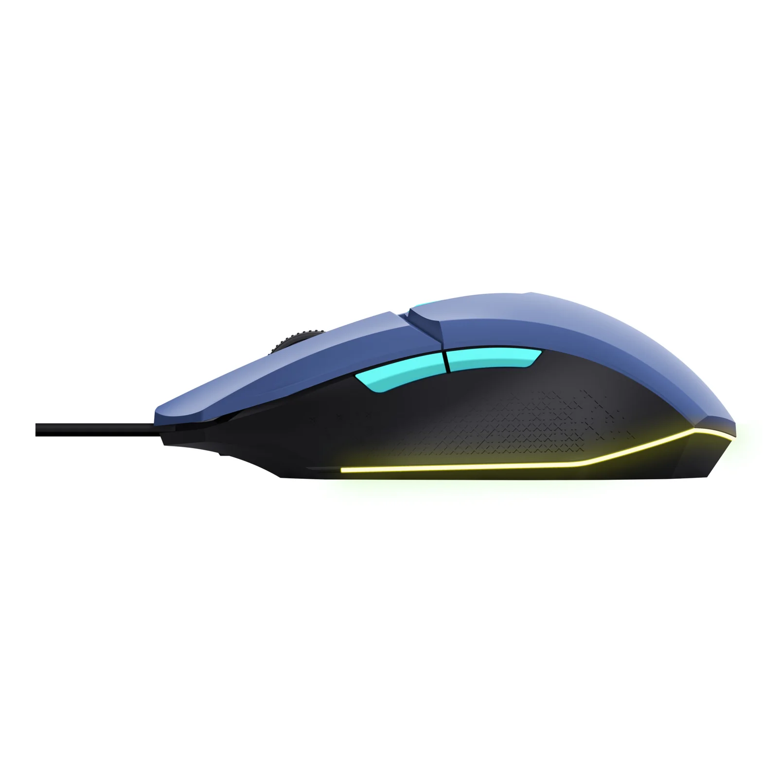 Vue de profil droit, souris gaming noire Trust Felox, éclairage RGB doré, câble USB