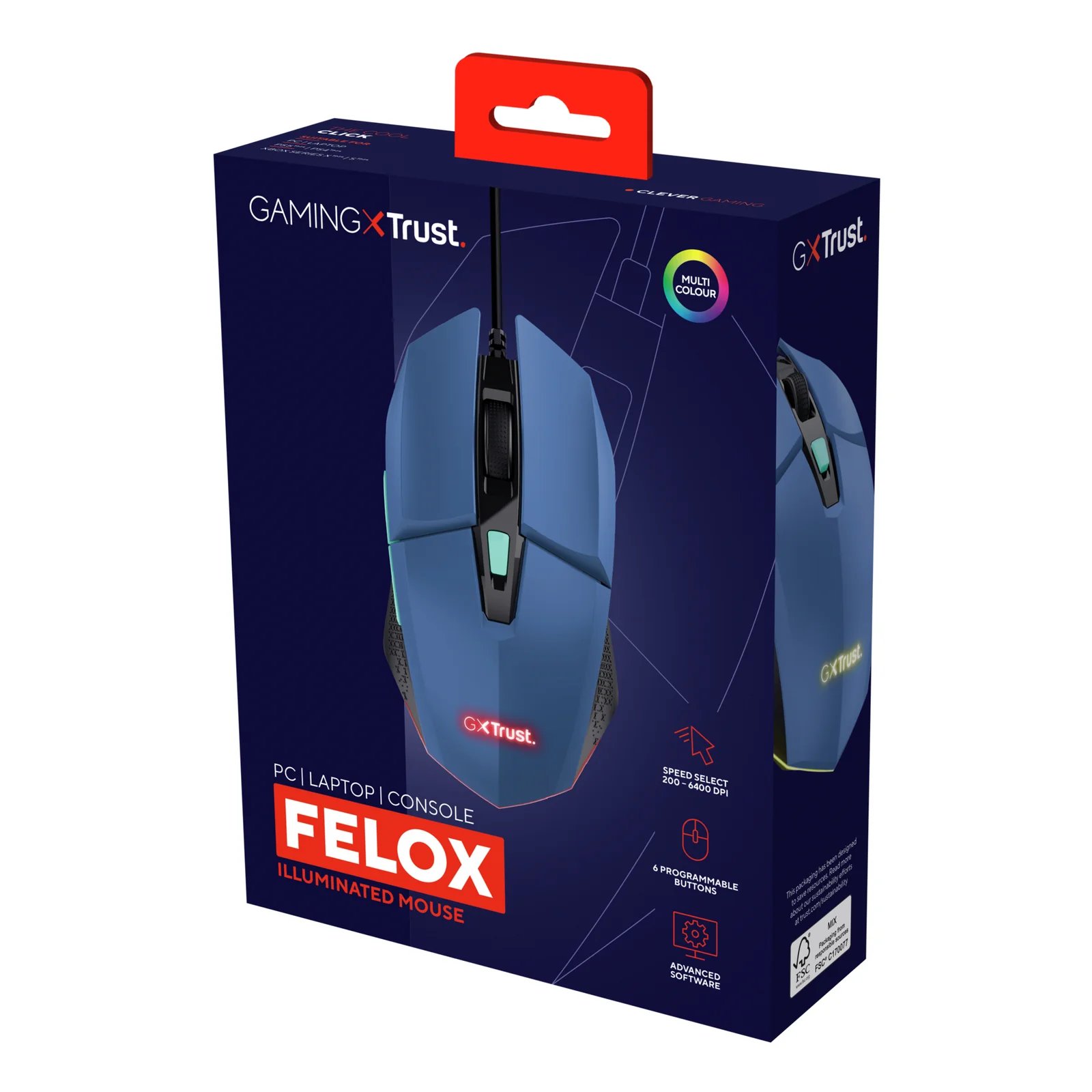 Emballage de vente, boîte bleue Trust GXT 109B Felox avec visuel souris et picto RGB