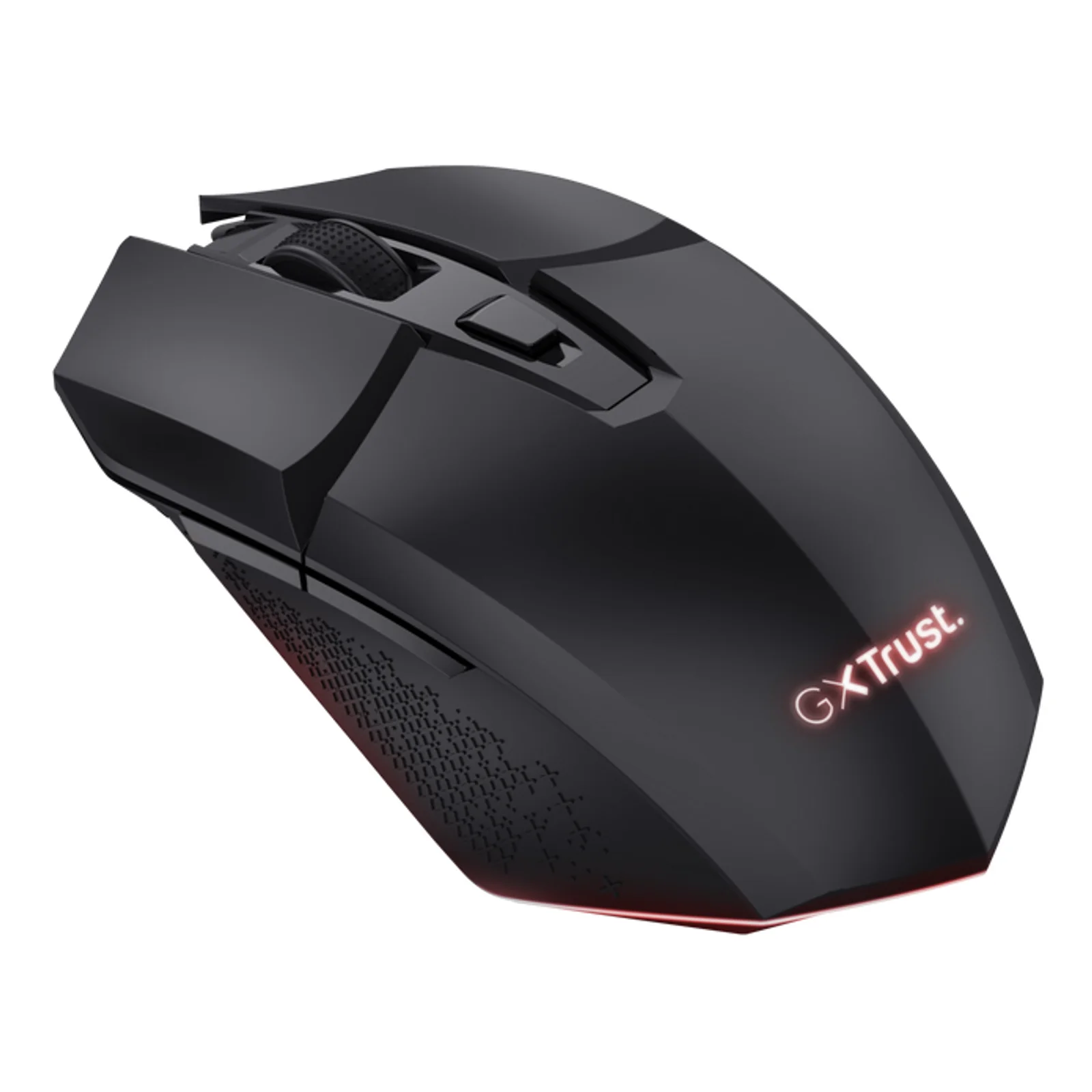 Souris Trust GXT 110 Felox vue de trois quarts gauche, logo GX Trust rouge éclairé, fond blanc