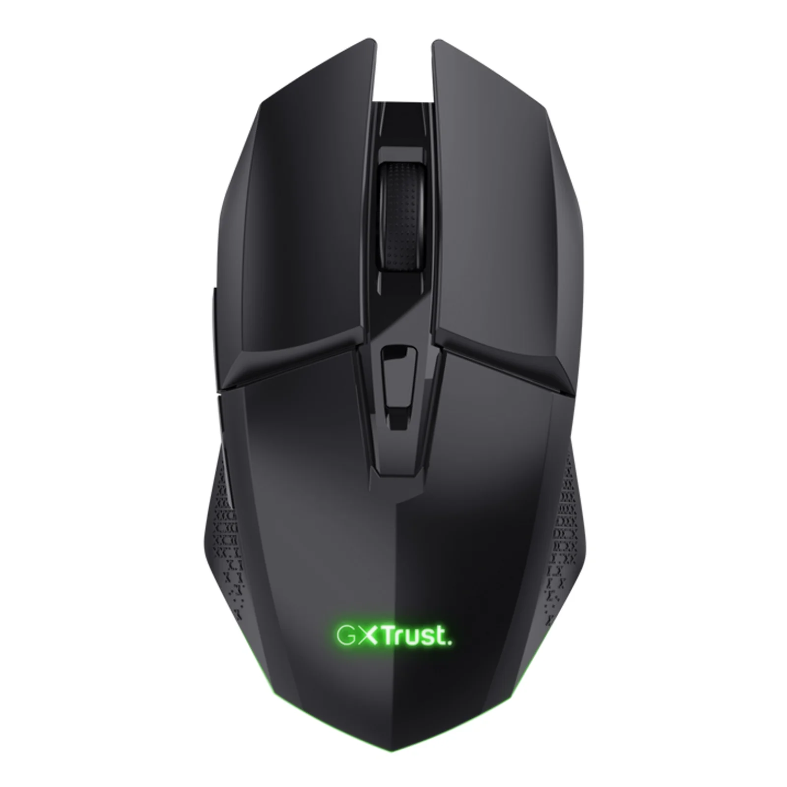 Souris Trust GXT 110 Felox vue de trois quarts droite, logo GX Trust vert, boutons latéraux visibles