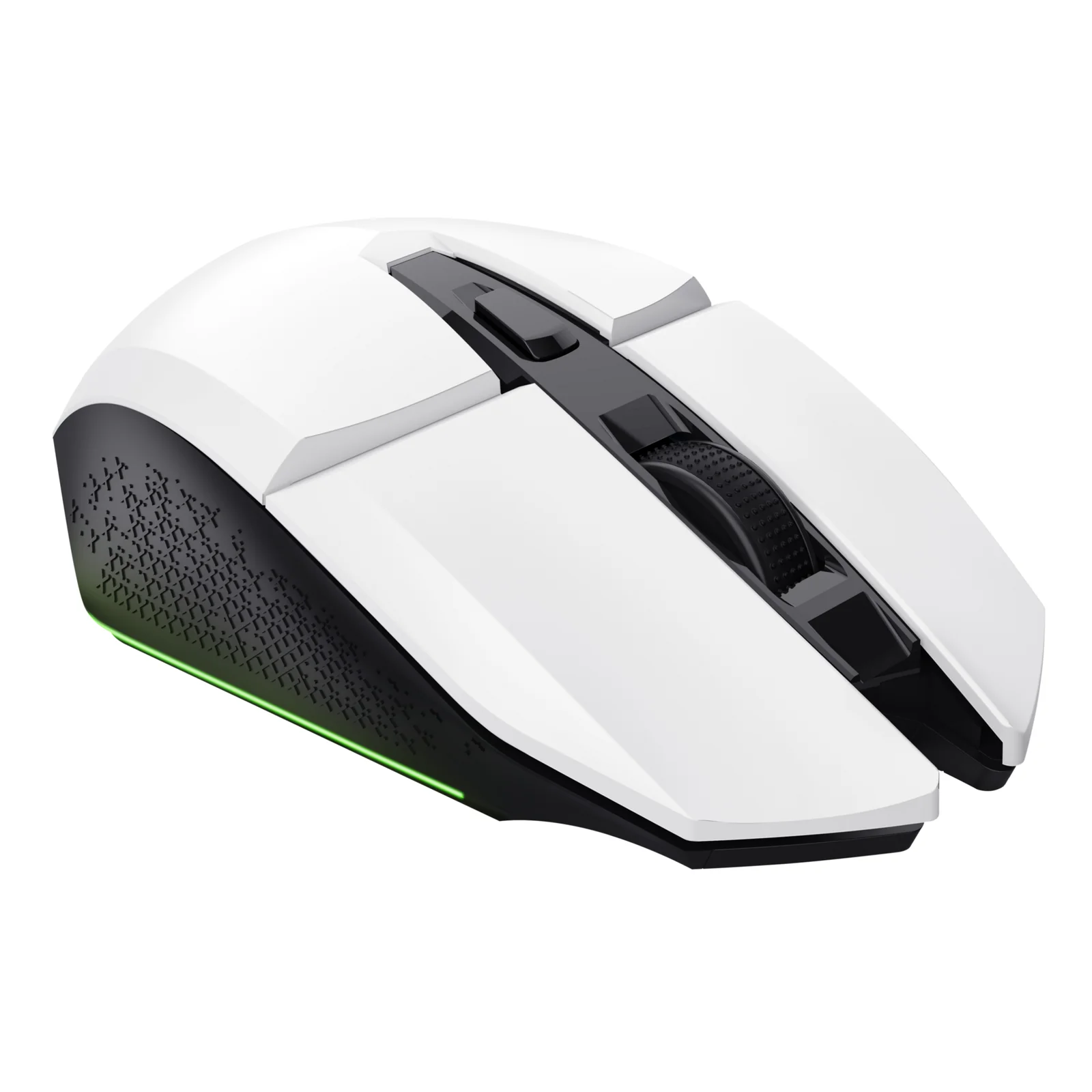 Souris gaming Trust GXT 110 Felox blanche et noire, vue de trois quarts droite, liseré vert sur le dessous