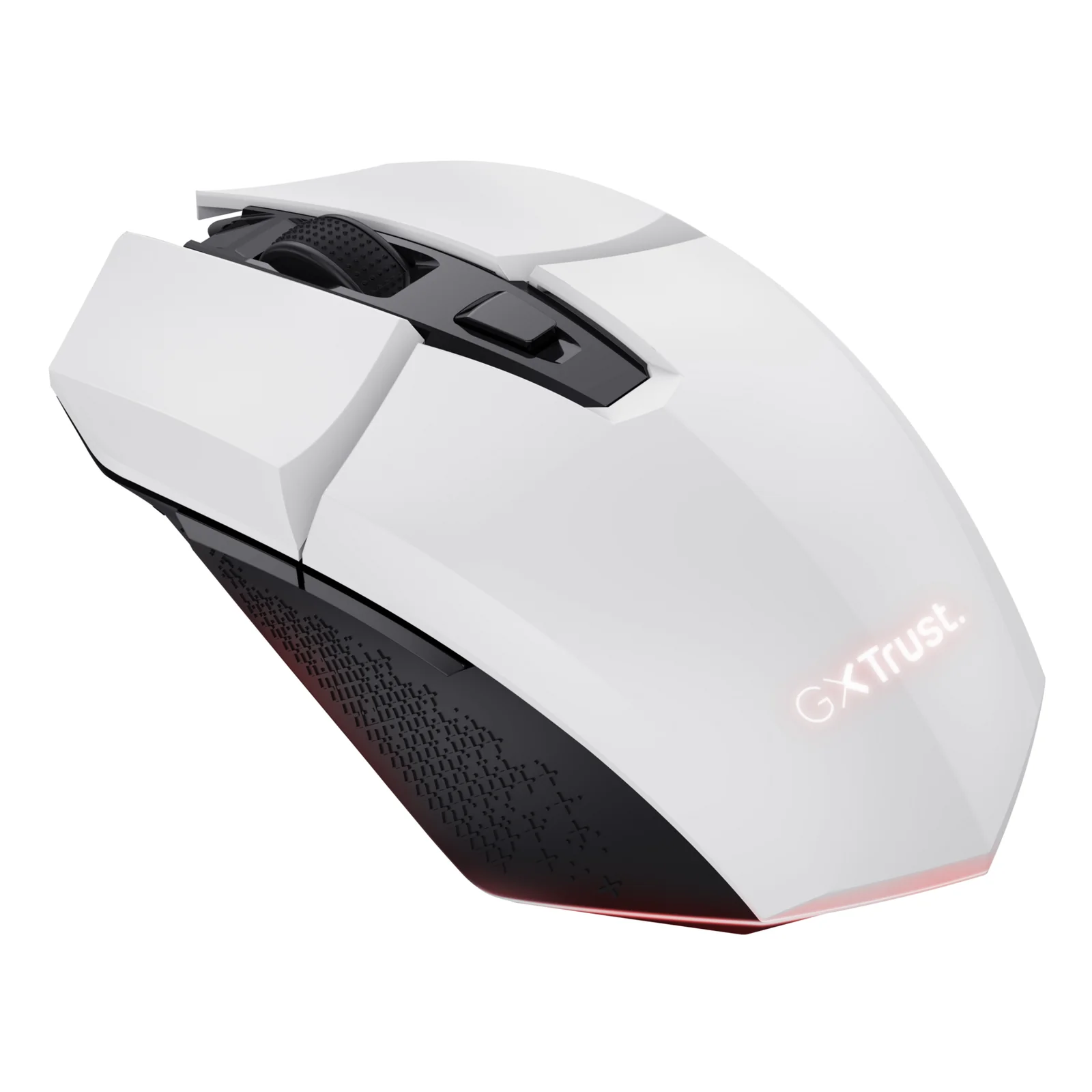 Souris gaming Trust GXT 110 Felox blanche, vue de dessus, logo Trust GXT visible et roulette avec LED rouge