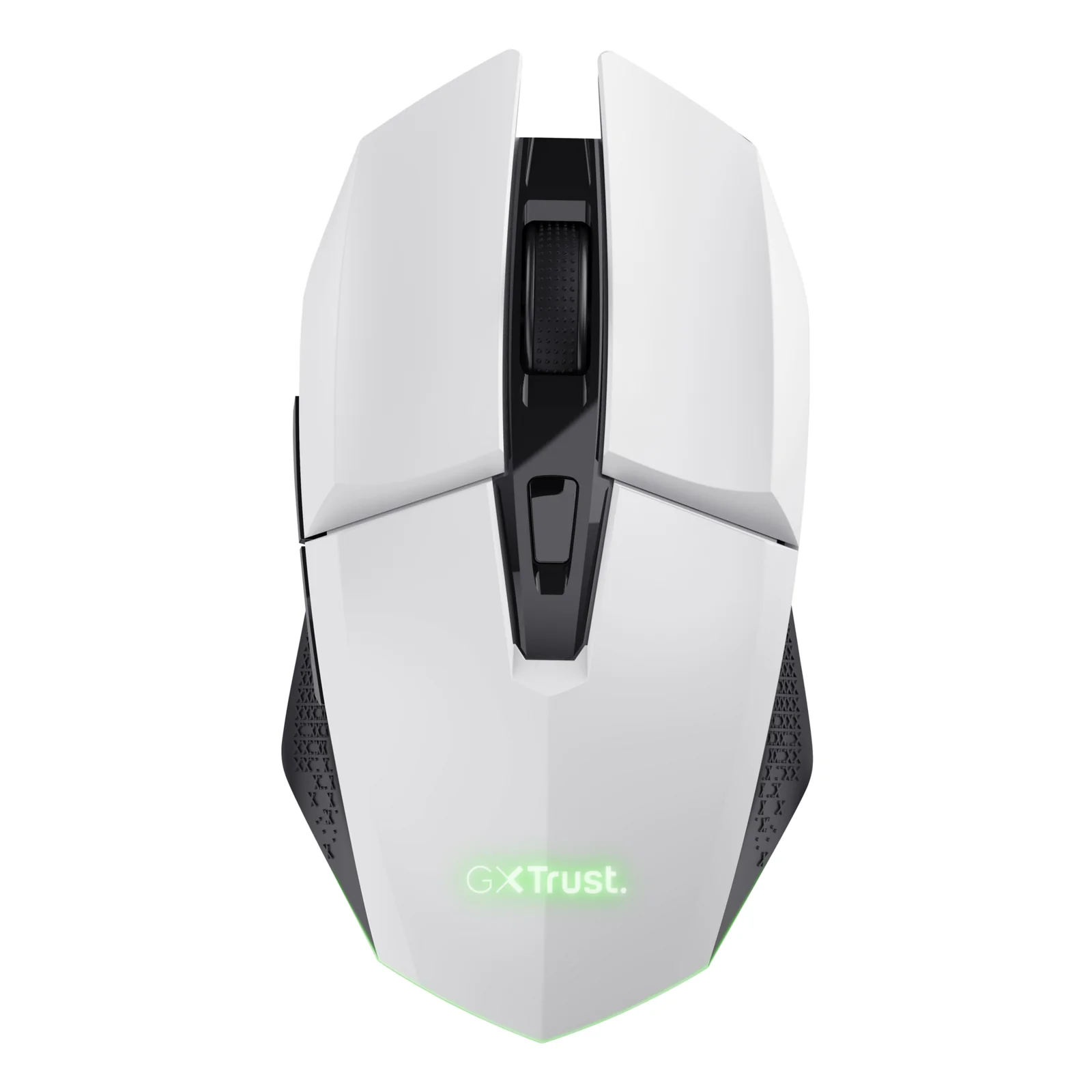 Souris gaming Trust GXT 110 Felox blanche, vue de trois quarts gauche, logo Trust illuminé en vert