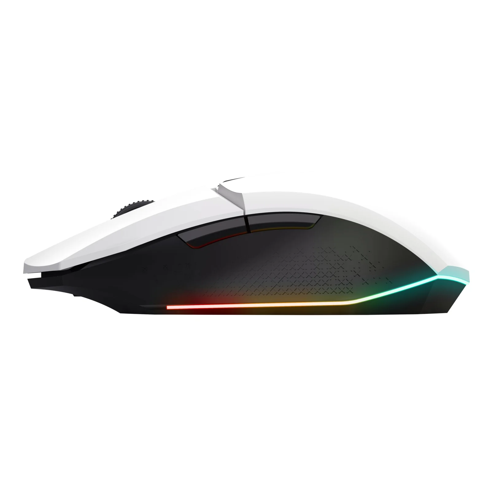 Souris gaming Trust GXT 110 Felox blanche, profil droit avec bandeau RGB multicolore allumé