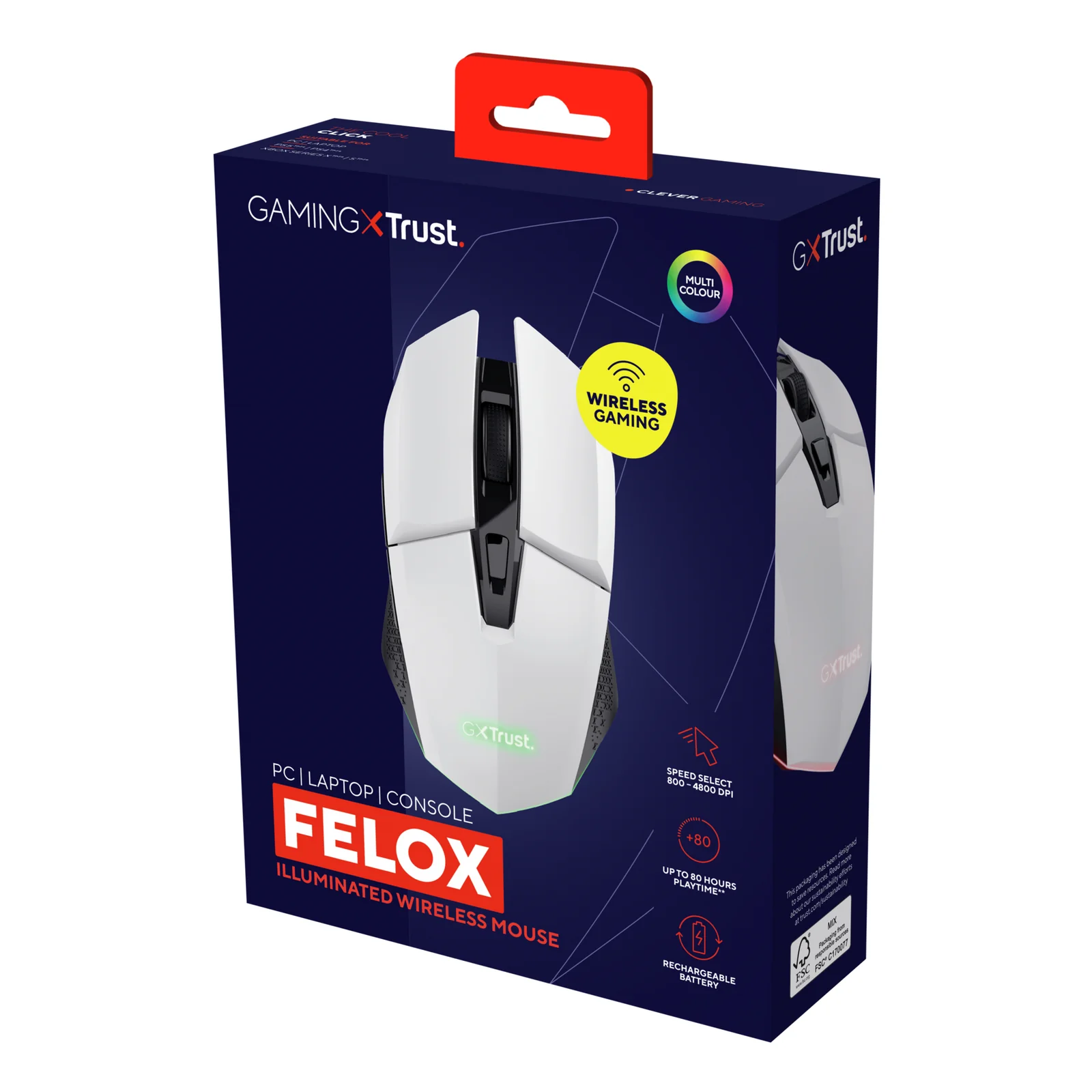 Emballage de la souris gaming Trust GXT 110 Felox, boîte blanche avec fenêtre produit et mention Wireless