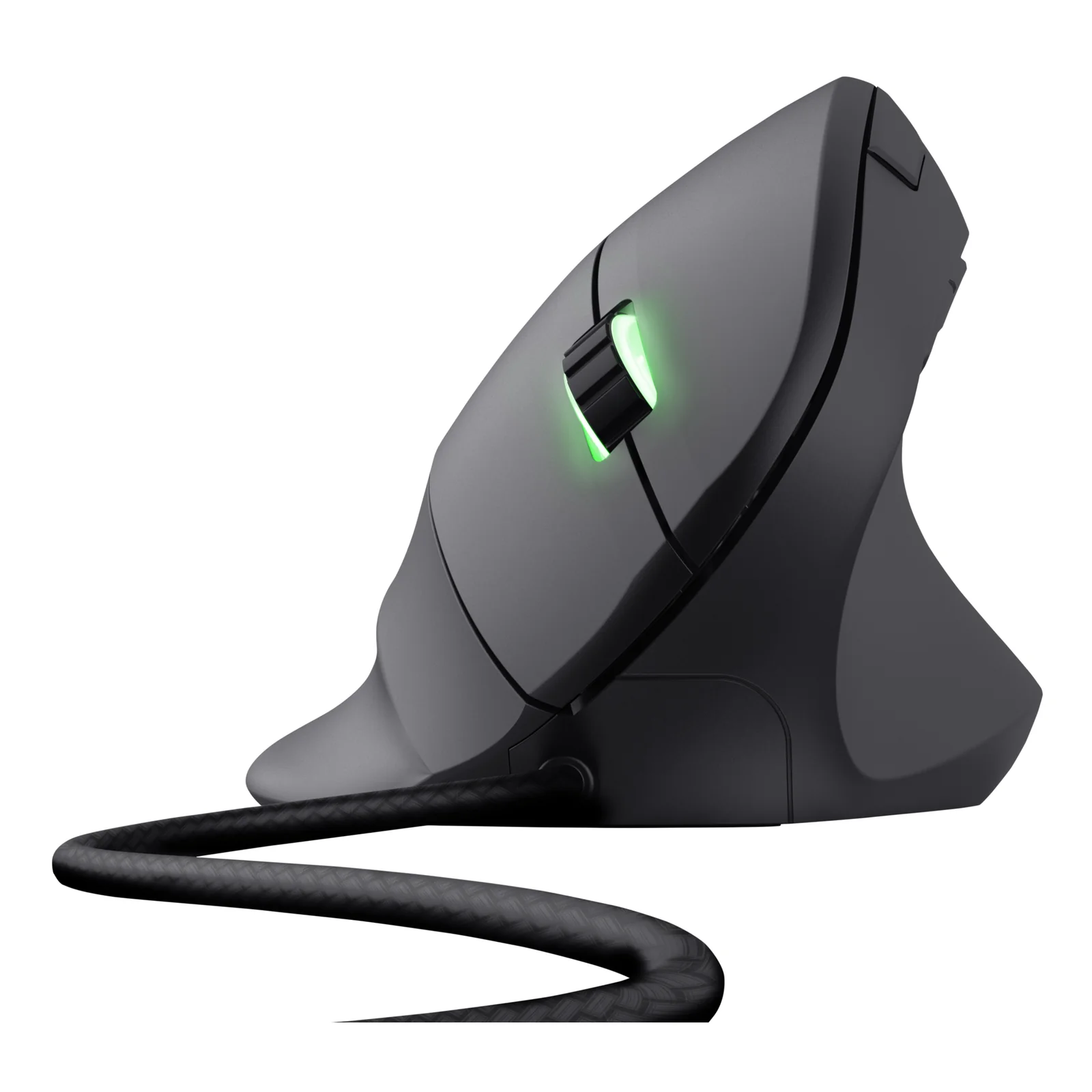 Trust GXT 144 Rexx, profil gauche, souris verticale noire, LED verte en partie haute