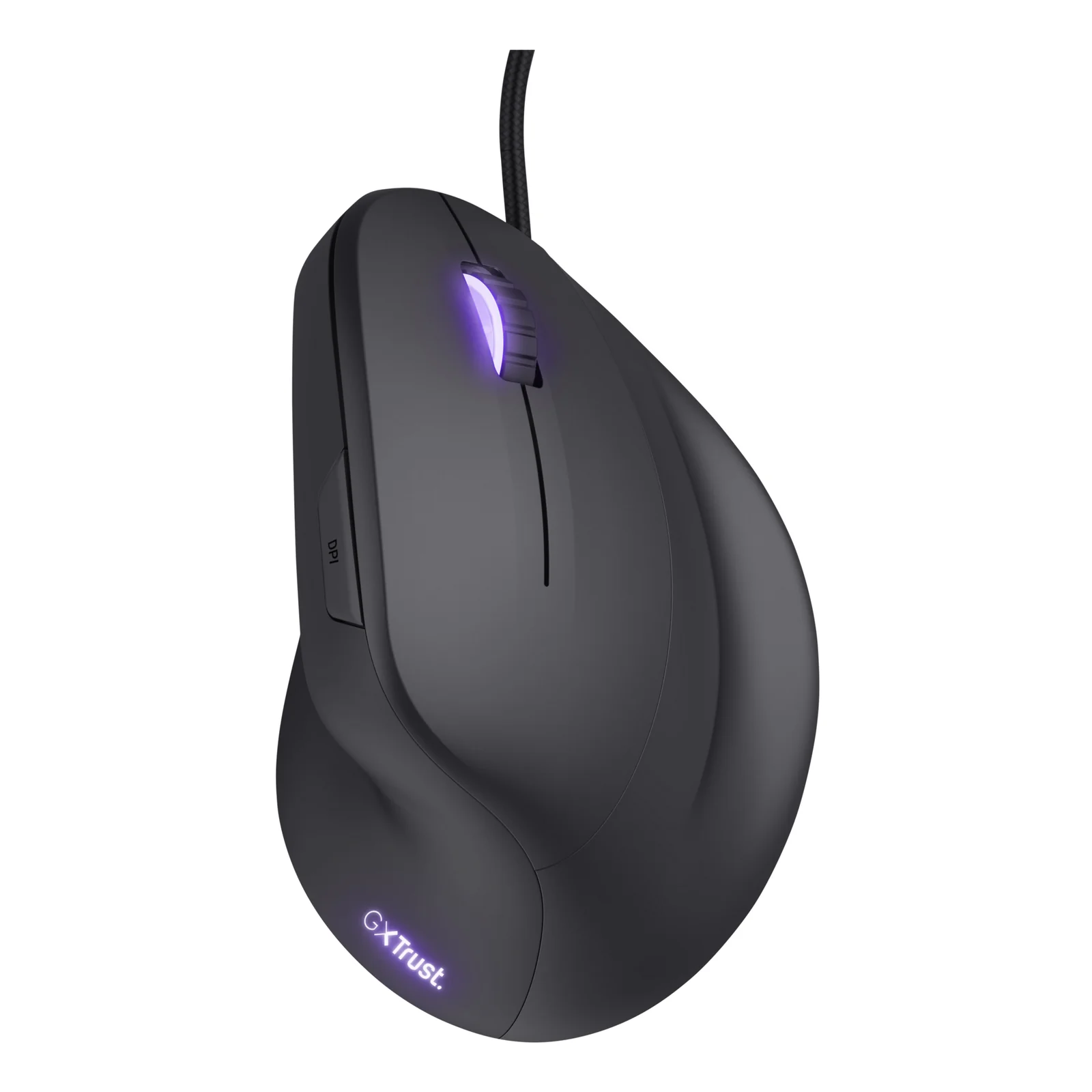Trust GXT 144 Rexx, vue inclinée avant-gauche, souris verticale noire, LED violette, câble USB