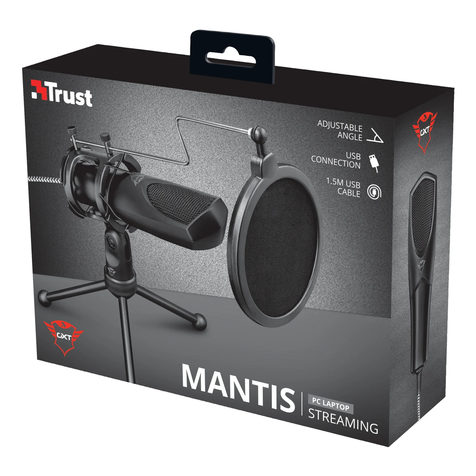 Boîte du Trust GXT 232 Mantis Streaming, face avant avec visuels produit, coloris noir