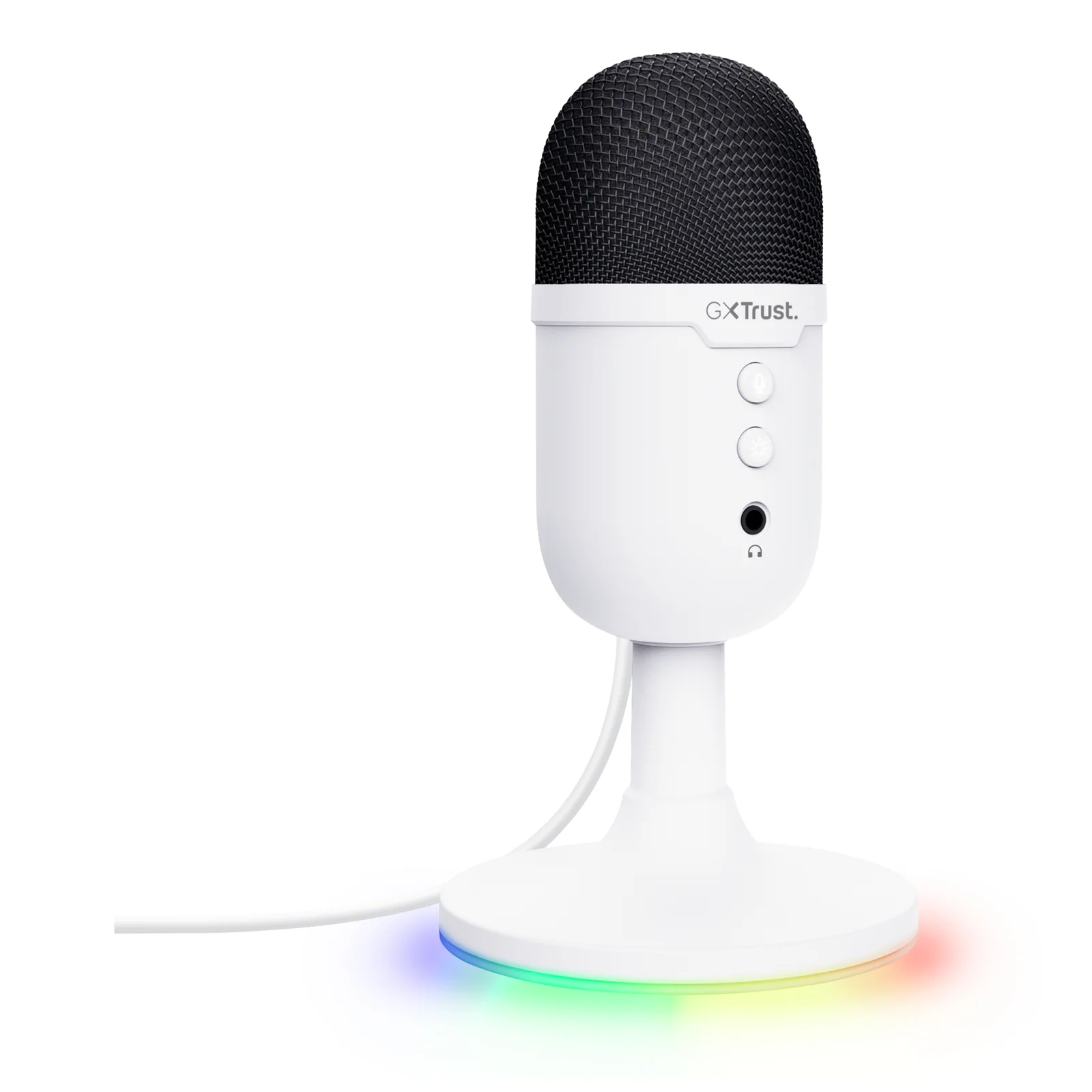 Micro blanc Trust Yunix sur pied, vue légèrement de trois quarts, base RGB allumée