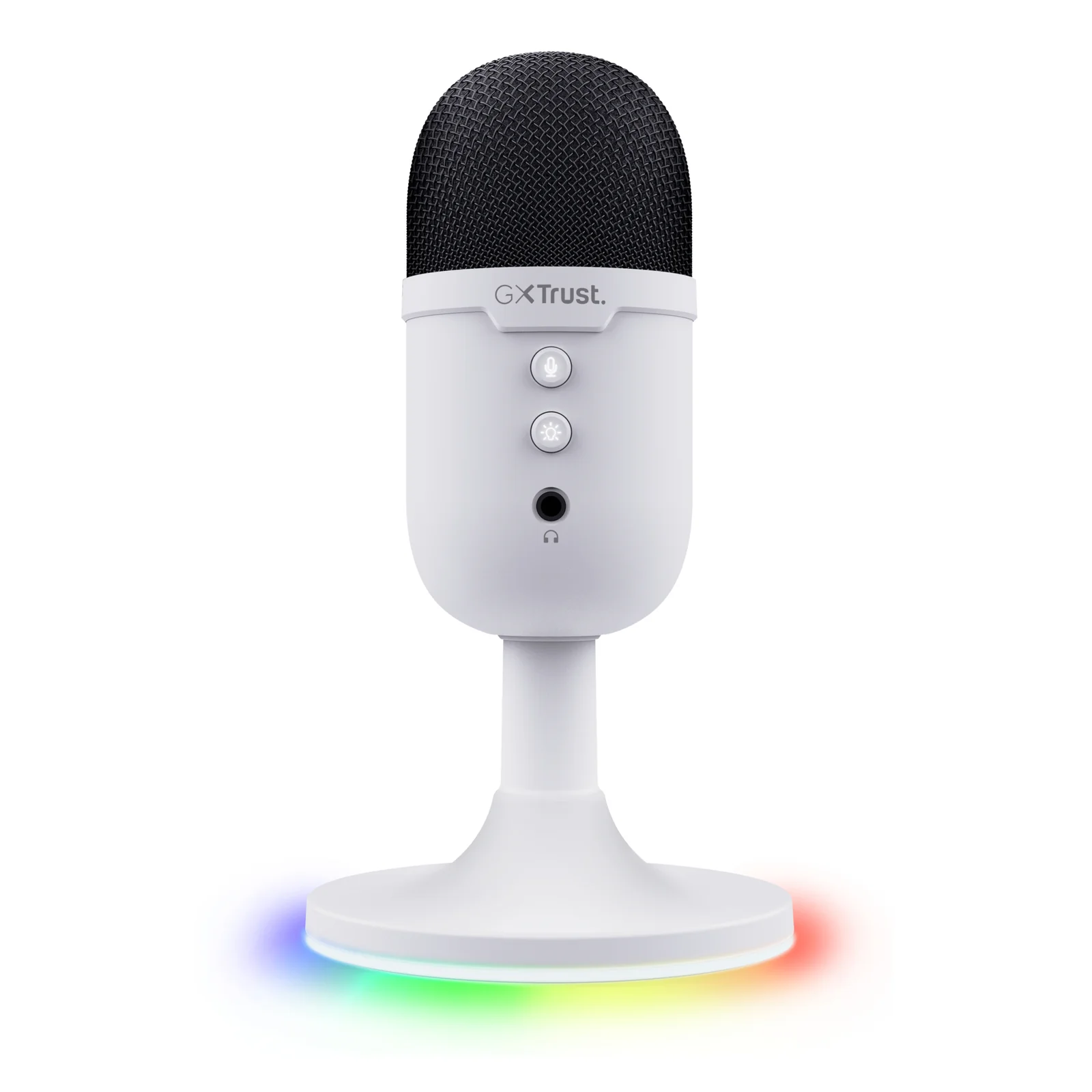 Vue trois quarts avant, boutons visibles sur le corps du micro blanc, base RGB allumée