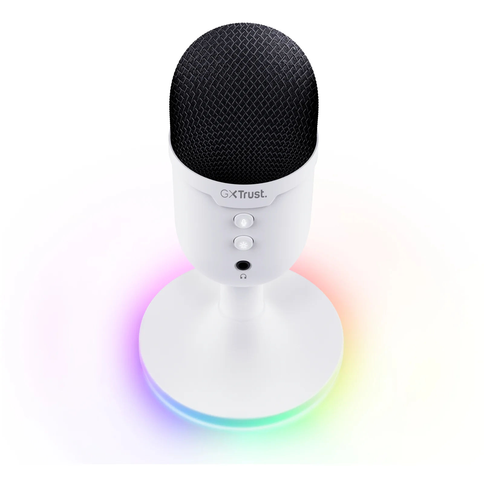 Plan rapproché de face, capsule noire sur corps blanc, base RGB colorée