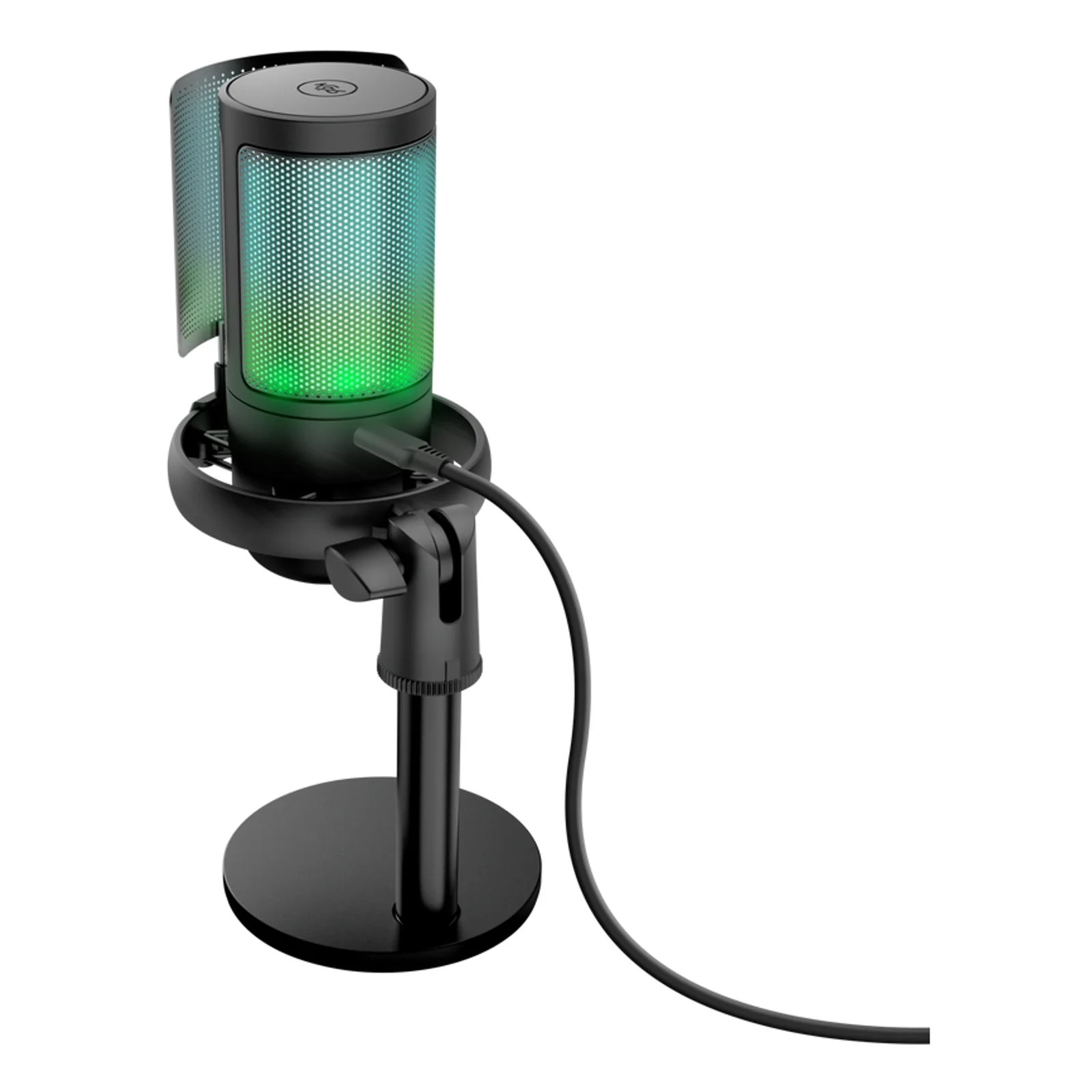 Microphone Trust GXT 238 Auron de face, RGB vert, socle circulaire, fond blanc
