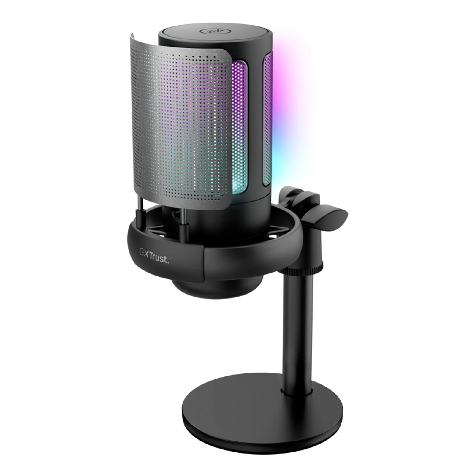 Microphone Trust GXT 238 Auron vue trois-quarts, RGB violet, bras articulé du pied visible, fond blanc